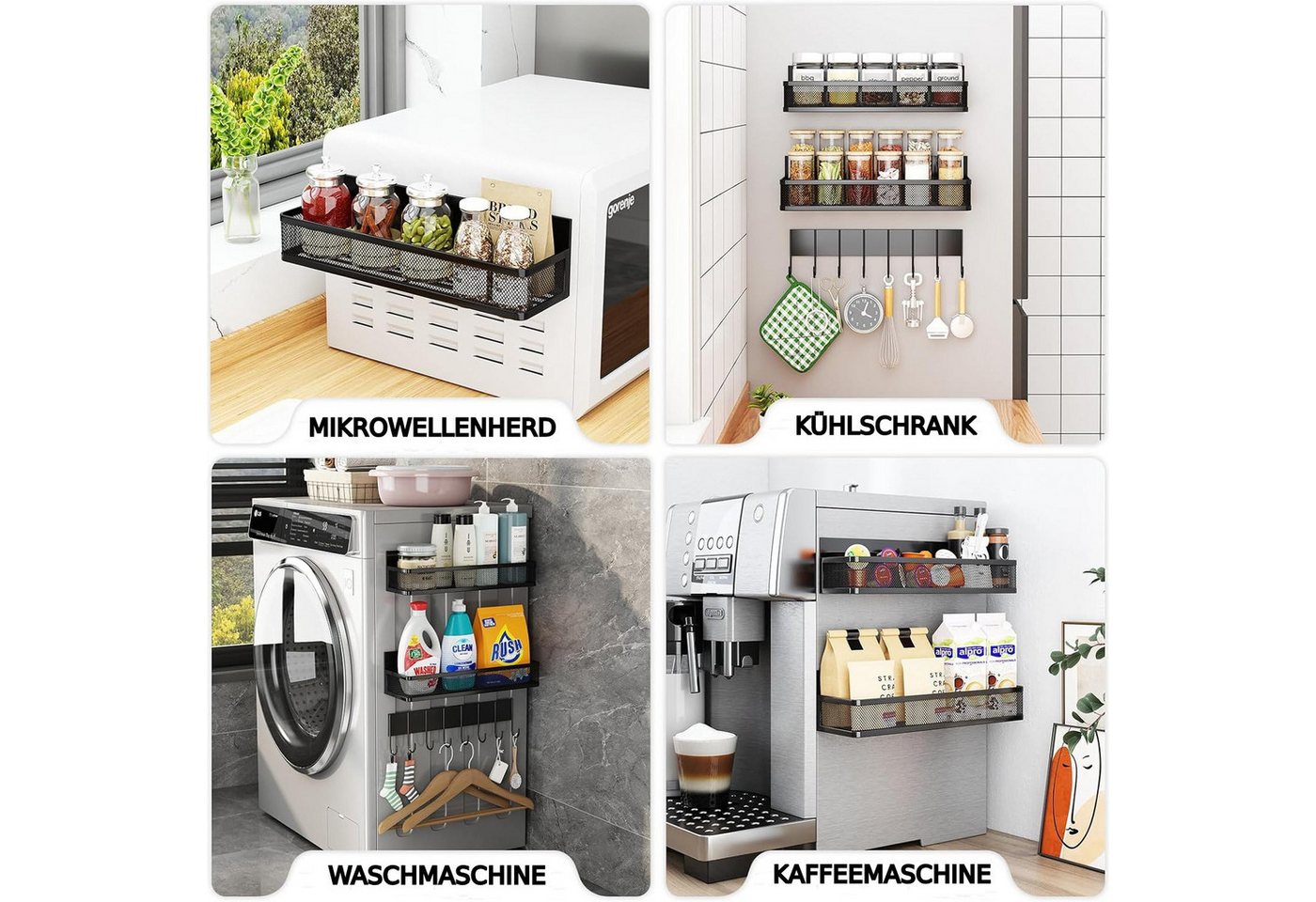 ibettertec Gewürzregal Küchenregal Ablageregal Kühlschrankregal Magnetisches Gewürzregal, mit 8 Haken, ohne Bohren, Abnehmbares mobiles Gewürzregal, Geeignet für Kühlschränke, Mikrowellenherde und Waschmaschinen