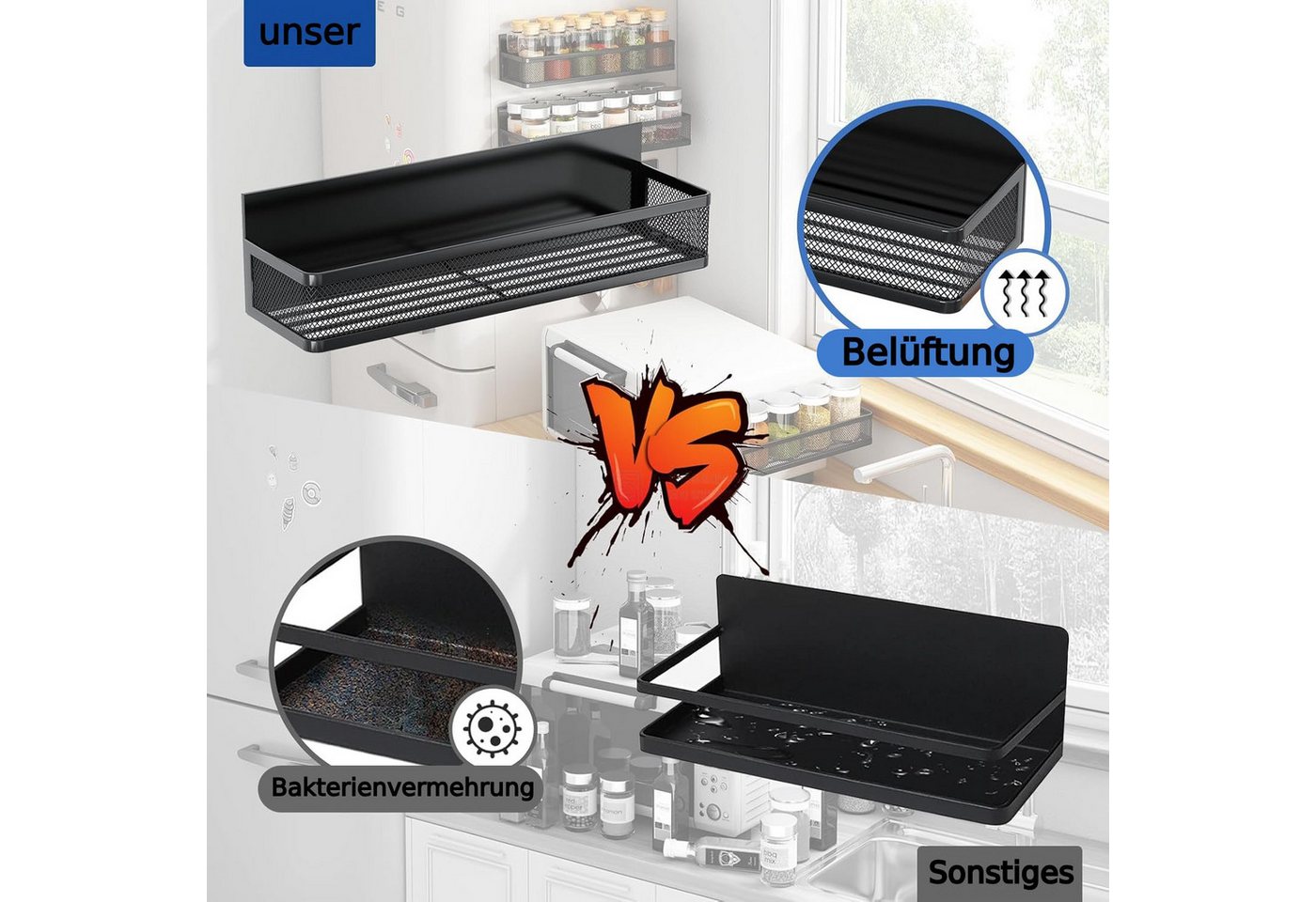 ibettertec Gewürzregal Küchenregal Ablageregal Kühlschrankregal Magnetisches Gewürzregal, mit 8 Haken, ohne Bohren, Abnehmbares mobiles Gewürzregal, Geeignet für Kühlschränke, Mikrowellenherde und Waschmaschinen Bild 3