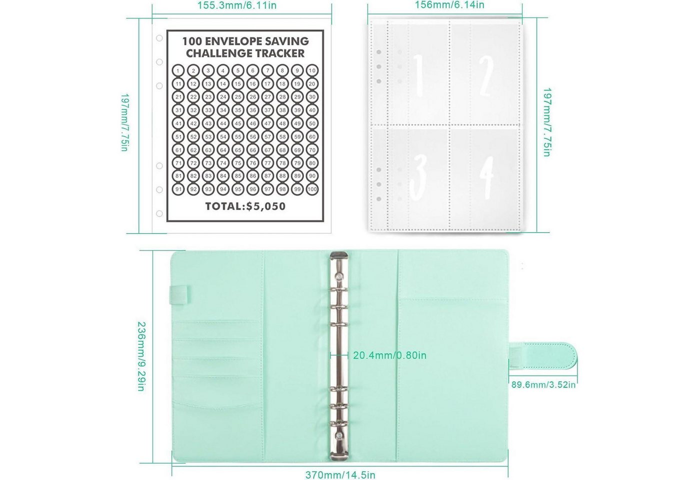 AMONENZ Notizbuch Budget Planer A5 Geldsparmappe Kunstleder 100 Umschläge Wasser Bild 2