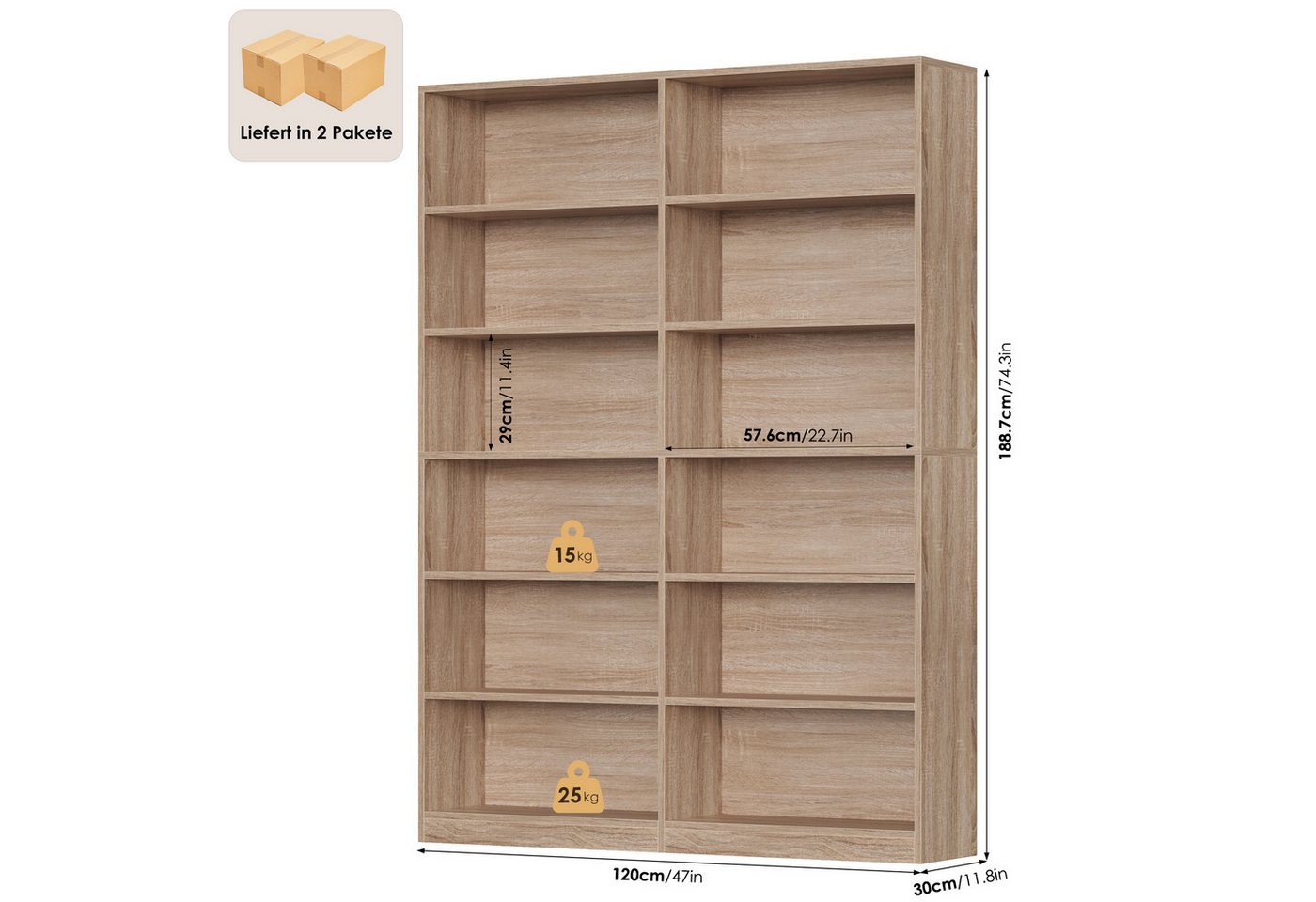 Homfa Bücherregal 188,7cm Standregal Büroregal Raumteiler, mit 12 Fächern, Holz, 120x30x188,7cm, Eiche Bild 3