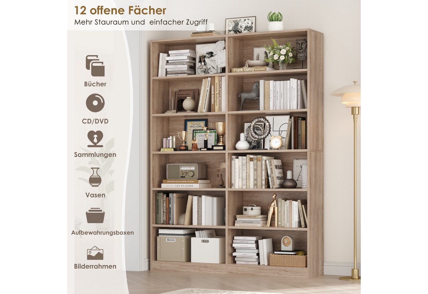 Homfa Bücherregal 188,7cm Standregal Büroregal Raumteiler, mit 12 Fächern, Holz, 120x30x188,7cm, Eiche Bild 5