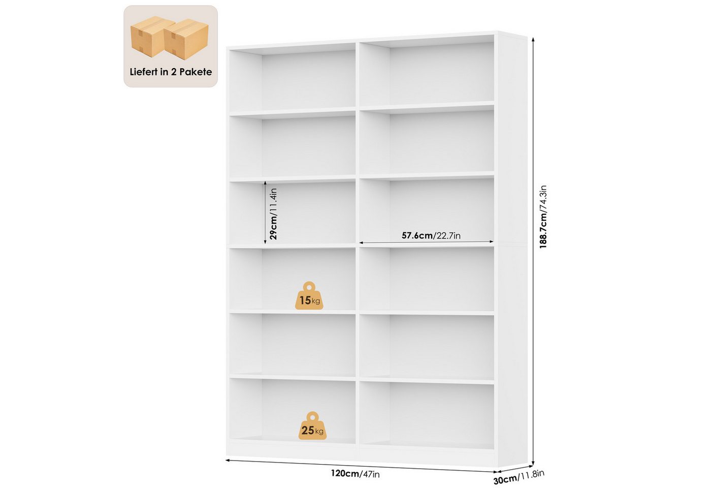 Homfa Bücherregal 188,7cm Standregal Büroregal Raumteiler, mit 12 Fächern, Holz, 120x30x188,7cm, Weiß Bild 3