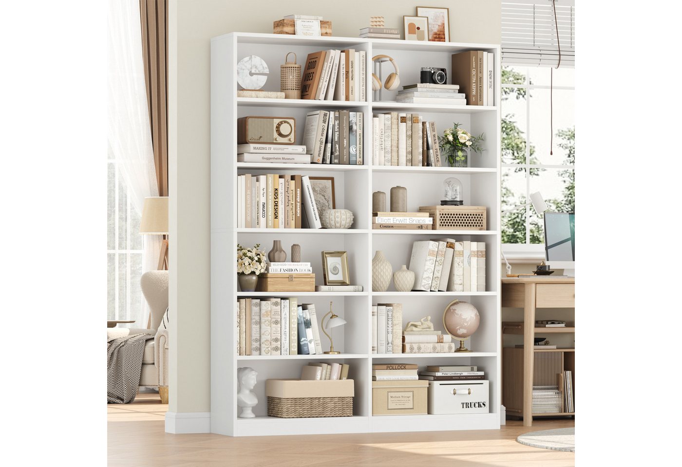 Homfa Bücherregal 188,7cm Standregal Büroregal Raumteiler, mit 12 Fächern, Holz, 120x30x188,7cm, Weiß Bild 5