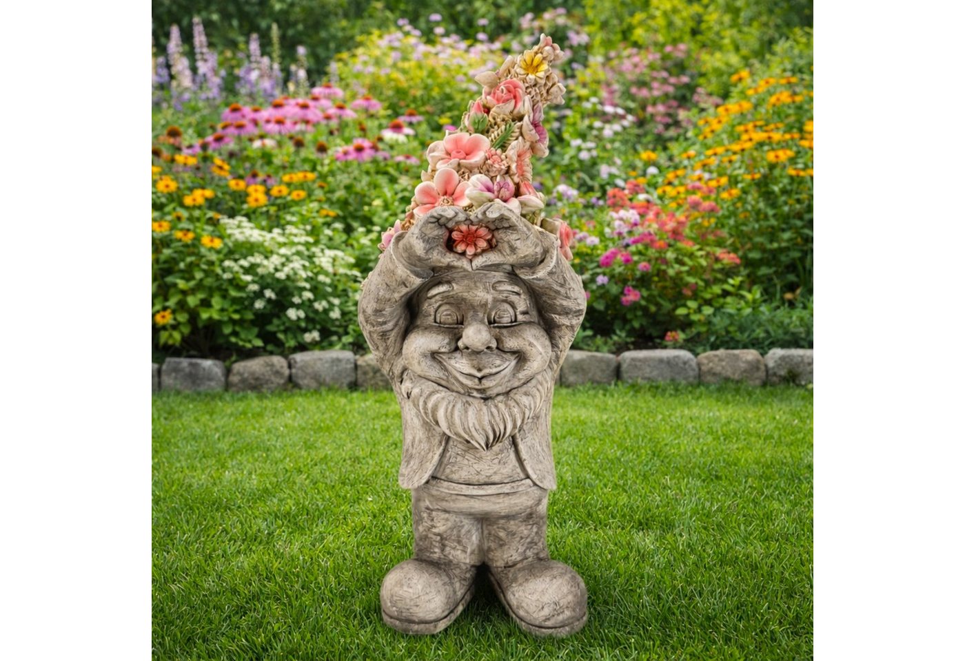 Online-Fuchs Gartenfigur für draußen - Gartenzwerg, Wichtel mit Blumenmütze - 39 cm groß, aus langlebigem Kunstharz gefertigt, wetterfest - Gartendeko Bild 5