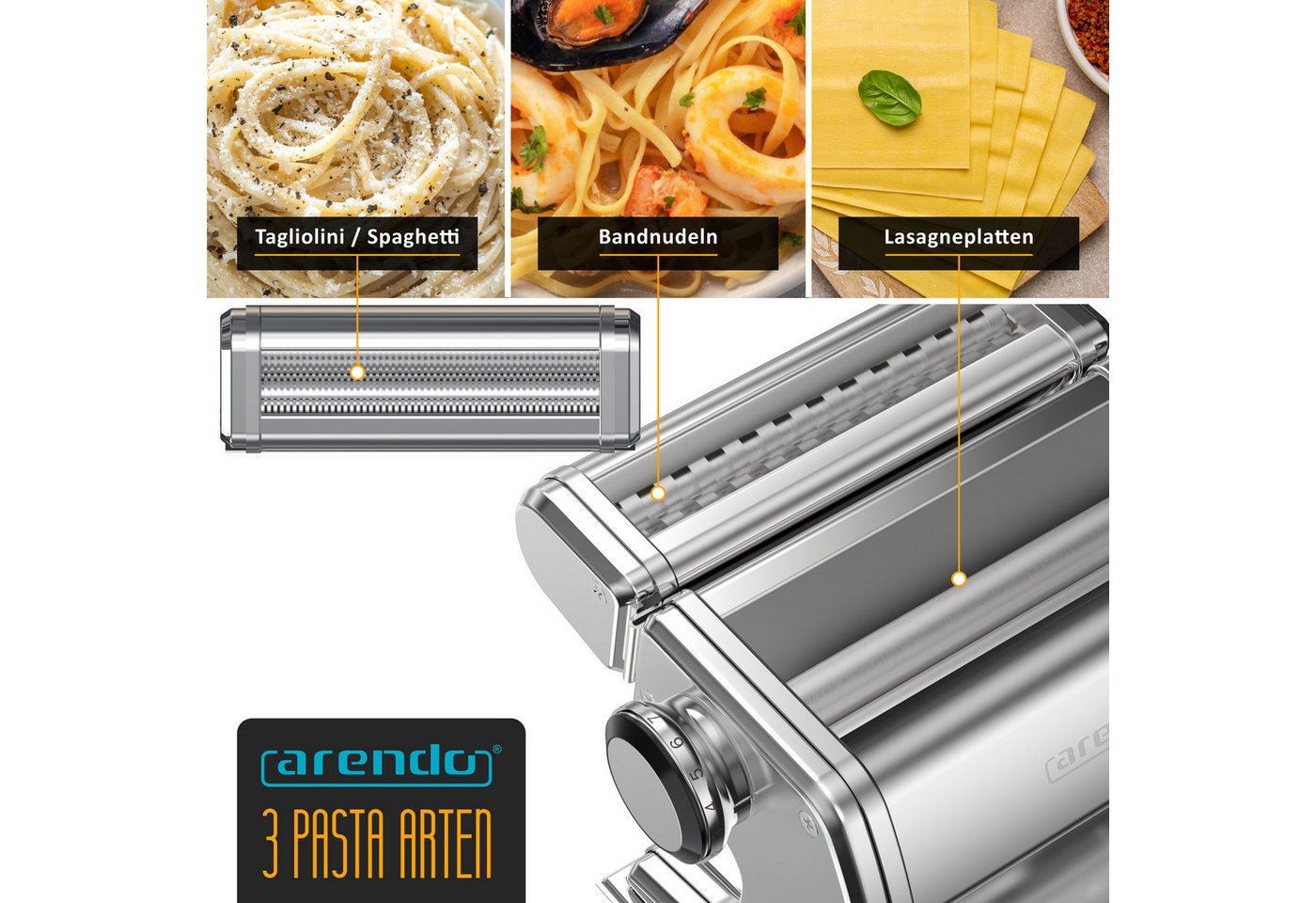 Arendo Nudelmaschine Manueller Edelstahl Pasta Maker, Nudelpresse, 7 einstellbare Stärken, Duplexvorsatz für Spaghetti, Tagliatelle, Lasagne - 2mm und 6,5mm
