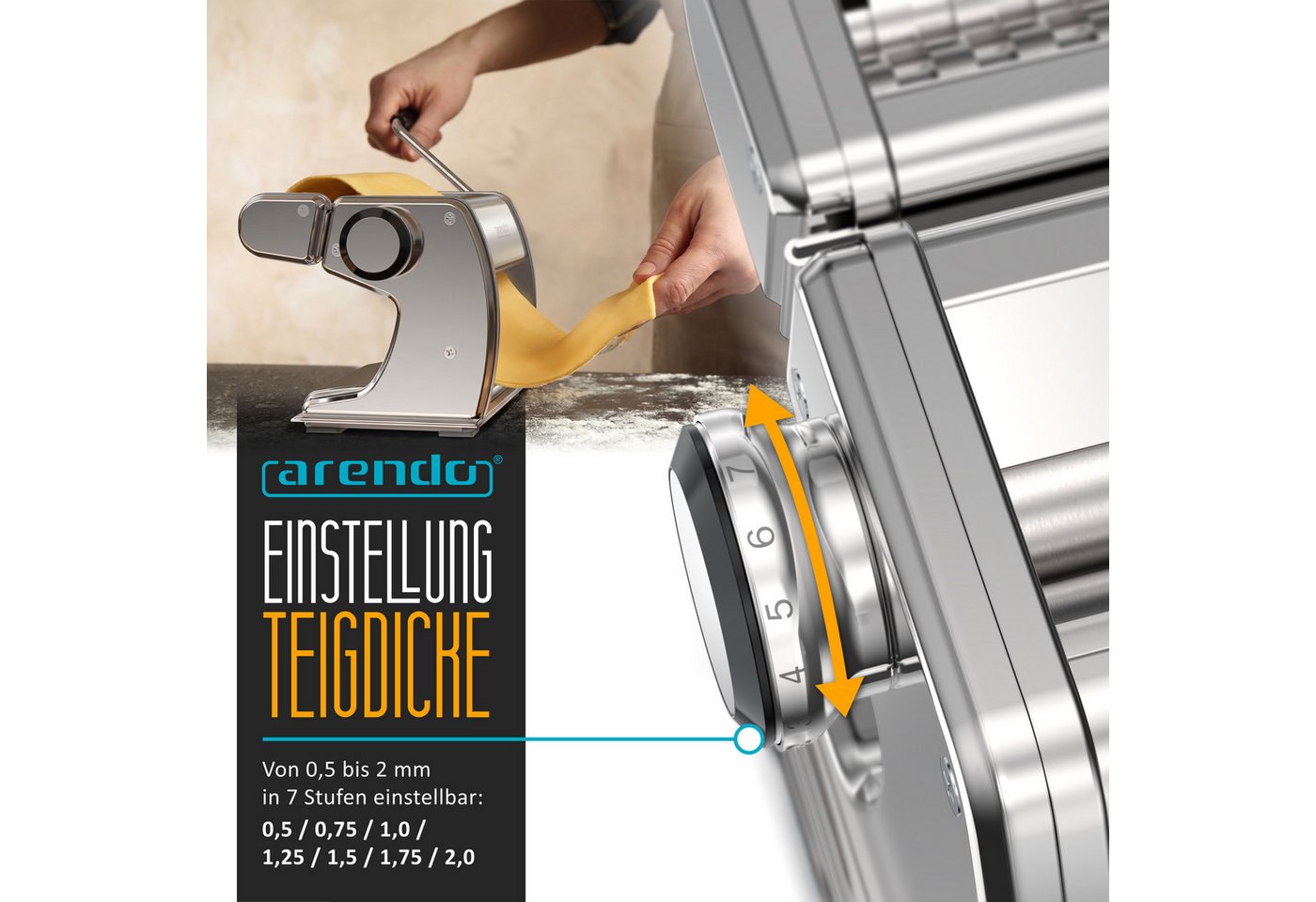 Arendo Nudelmaschine Manueller Edelstahl Pasta Maker, Nudelpresse, 7 einstellbare Stärken, Duplexvorsatz für Spaghetti, Tagliatelle, Lasagne - 2mm und 6,5mm Bild 3