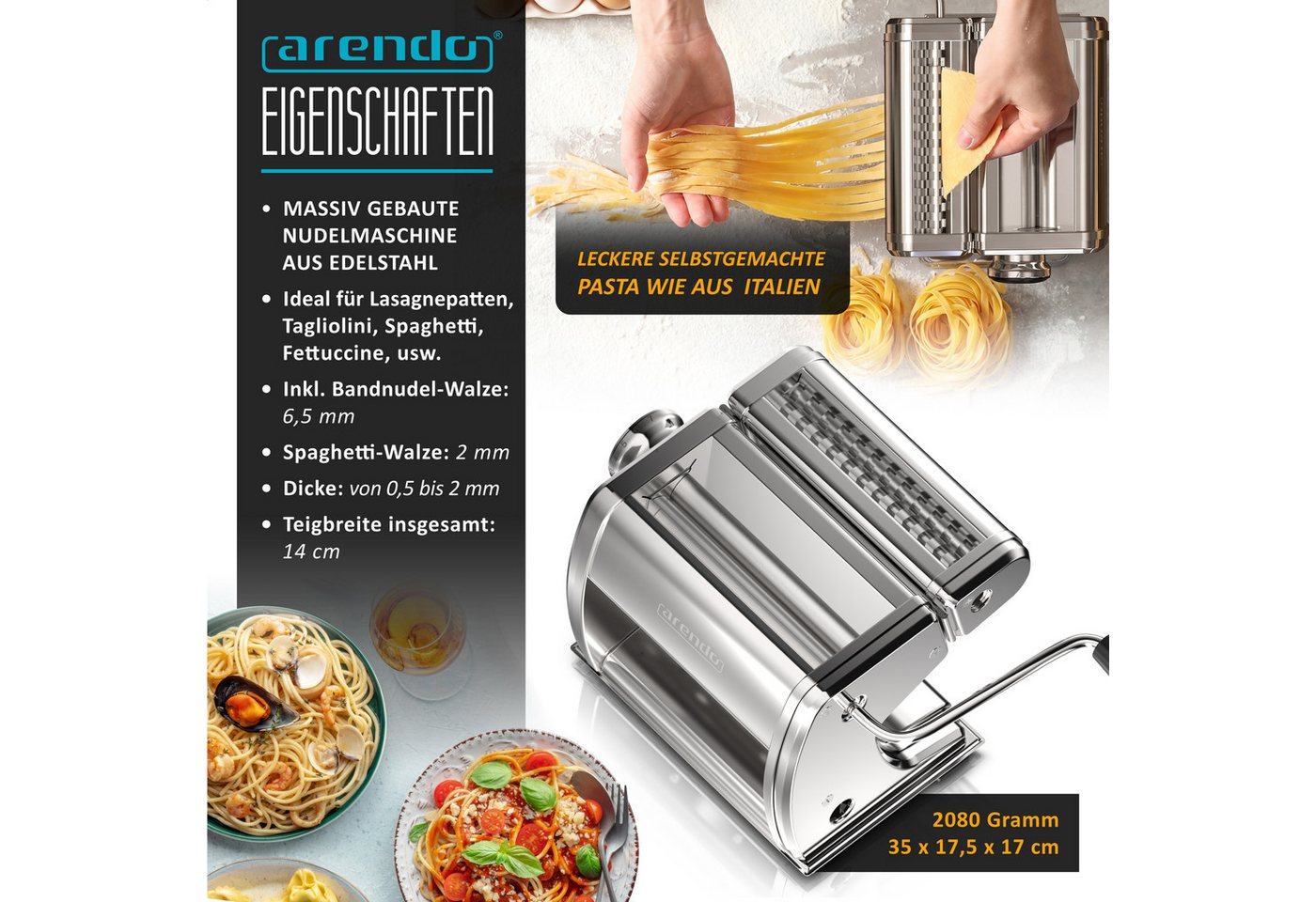 Arendo Nudelmaschine Manueller Edelstahl Pasta Maker, Nudelpresse, 7 einstellbare Stärken, Duplexvorsatz für Spaghetti, Tagliatelle, Lasagne - 2mm und 6,5mm Bild 5