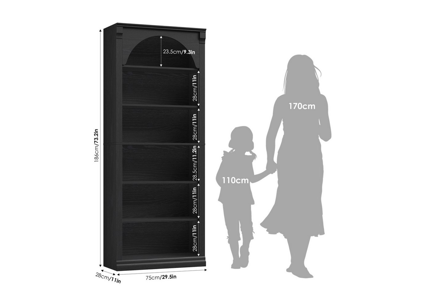 Homfa Bücherregal gewölbtes Bücherschrank, Standregal mit 6 Fächern 75x28x186cm Schwarz