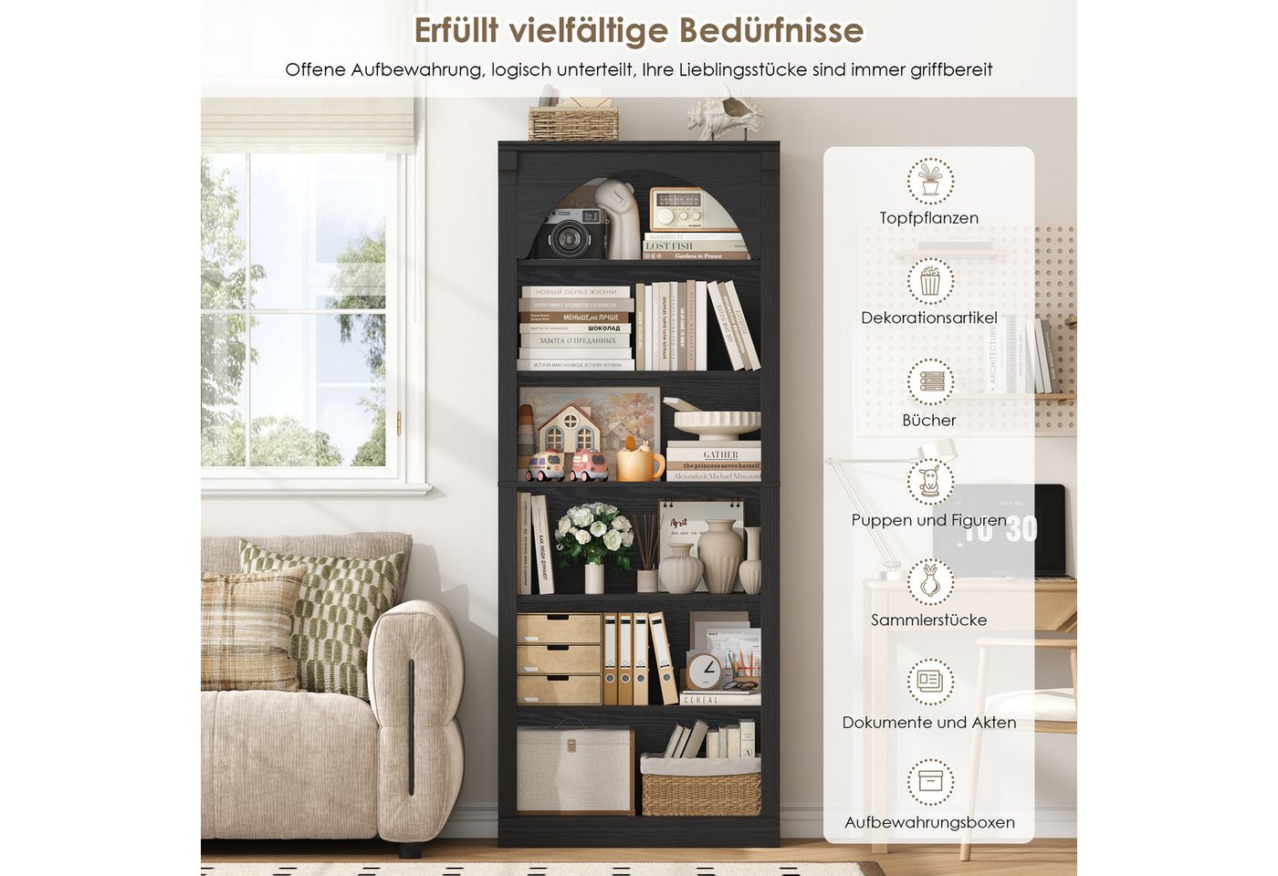 Homfa Bücherregal gewölbtes Bücherschrank, Standregal mit 6 Fächern 75x28x186cm Schwarz Bild 4