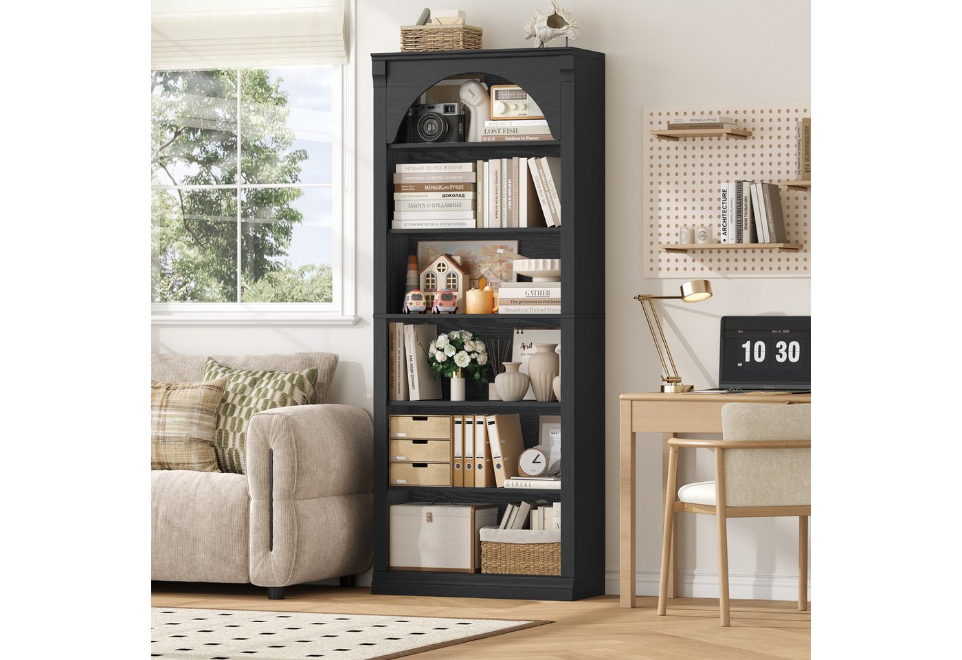 Homfa Bücherregal gewölbtes Bücherschrank, Standregal mit 6 Fächern 75x28x186cm Schwarz Bild 5