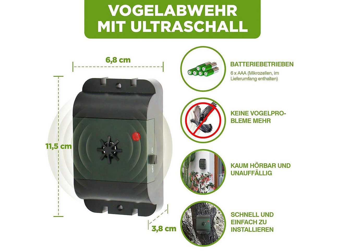 ISOTRONIC Ultraschall-Tierabwehr Mobiler Ultraschall Tauben- und Vogelvertreiber 40 m², 1-tlg., Erfassungsbereich von 40 m², kabellos & wetterfest Bild 2