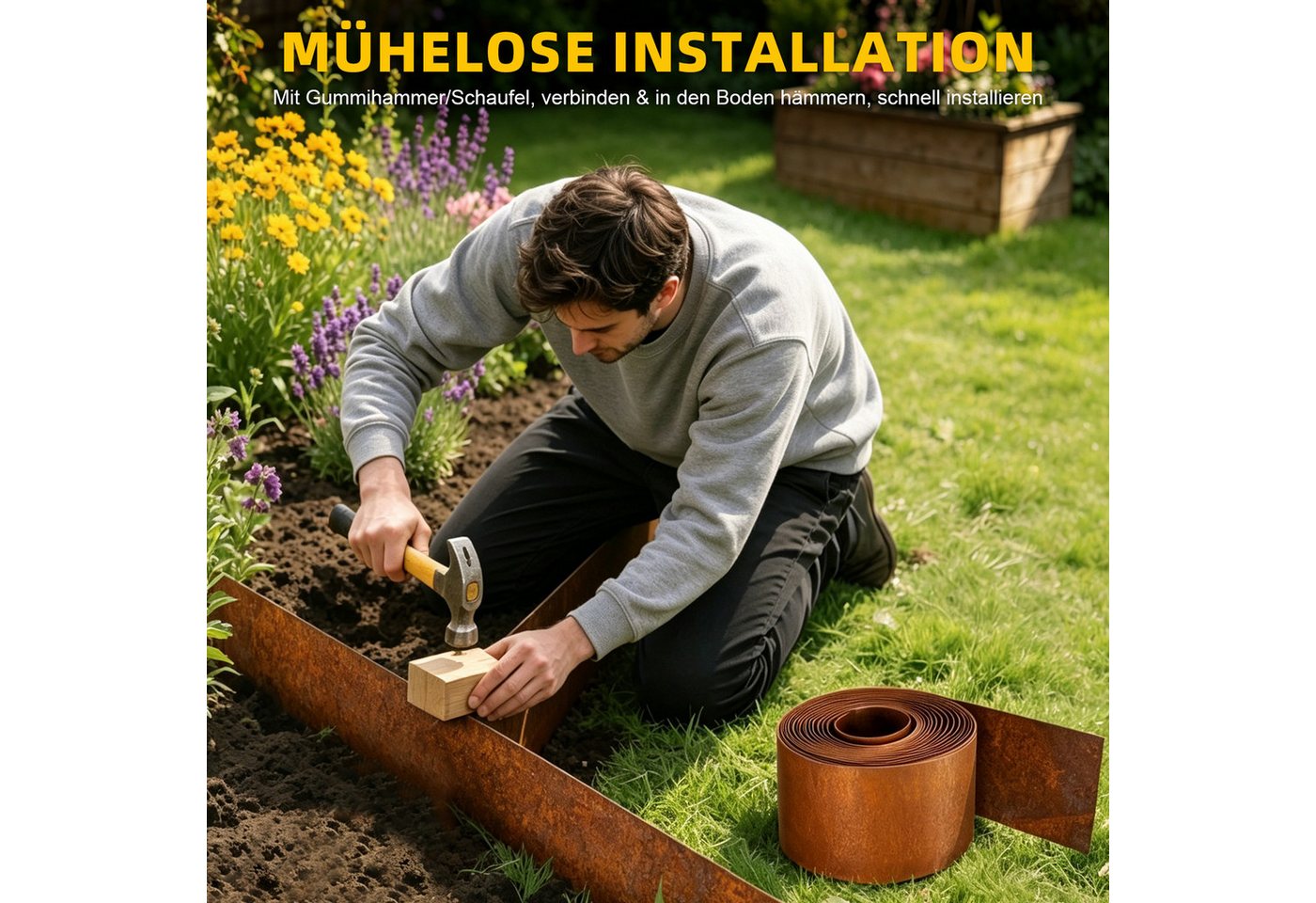 QUBEBU Beetumrandung 5M Rasenkante Metall Beetumrandung Flexible Mähkante Rasenbleche, Raseneinfassung metall Rasenbegrenzung Rasenschutzring, Geeignet für Blumenbeete, Baumscheiben oder Wege Bild 2