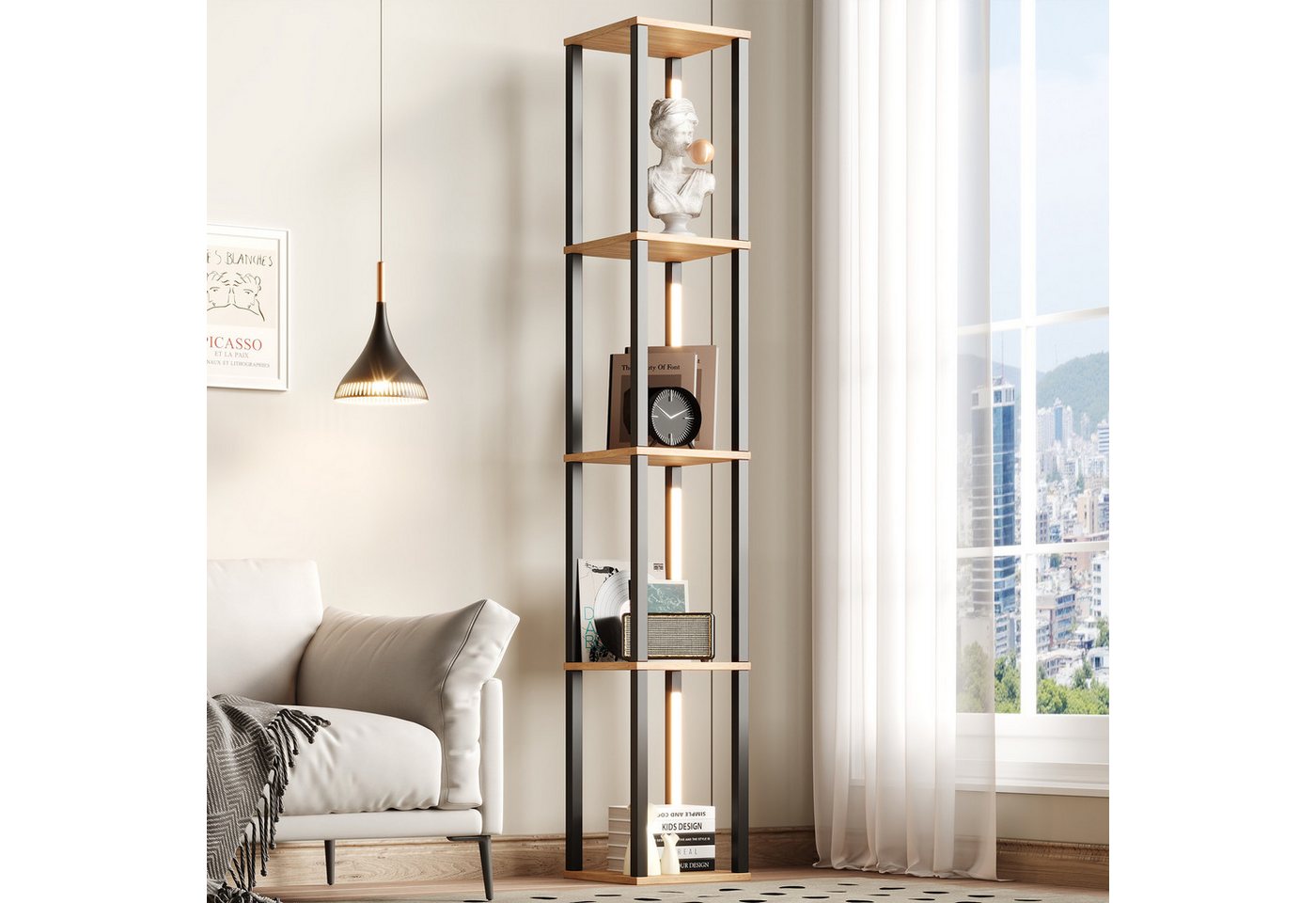 Flieks Bücherregal Standregal mit einstellbare LED-Beleuchtung, 4 Ebenen Eckregal, 1-tlg., Mehrzweckregal Lagerregal aus MDF, 4 Fächern, Naturholzfarbe&Schwarz