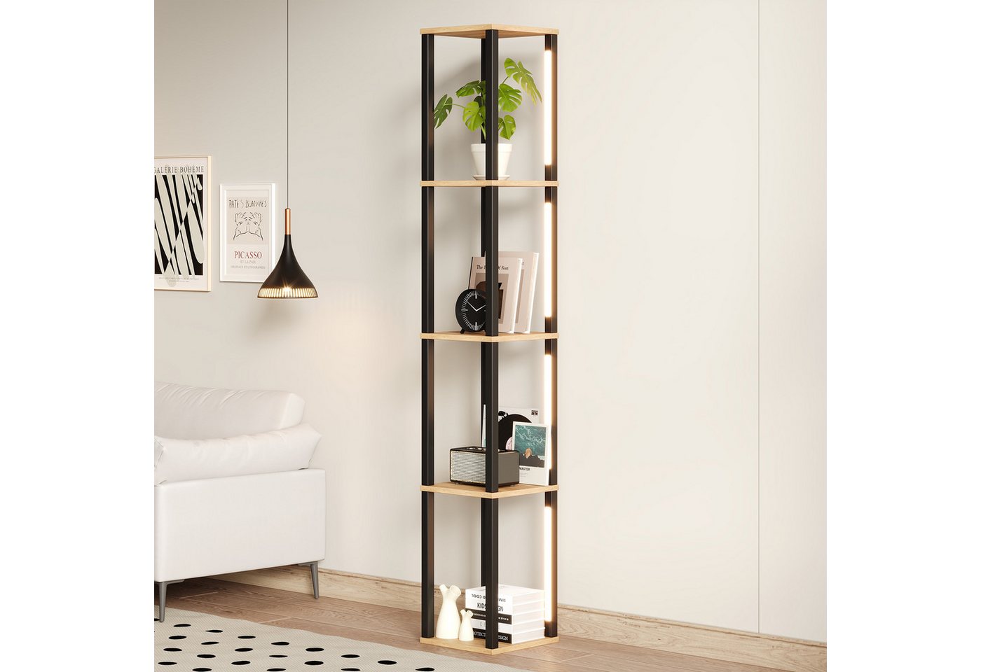 Flieks Bücherregal Standregal mit einstellbare LED-Beleuchtung, 4 Ebenen Eckregal, 1-tlg., Mehrzweckregal Lagerregal aus MDF, 4 Fächern, Naturholzfarbe&Schwarz Bild 2