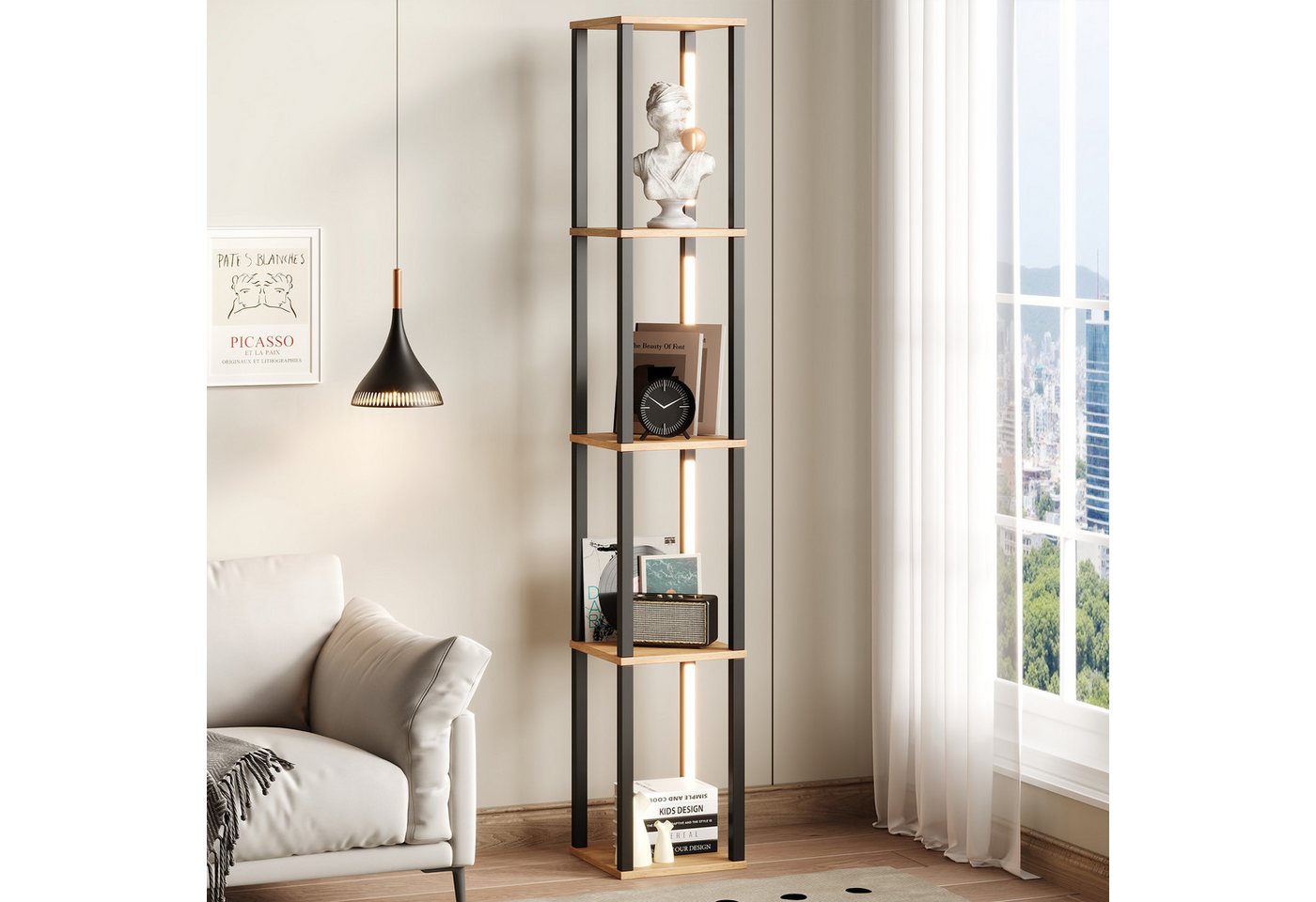 Flieks Bücherregal Standregal mit einstellbare LED-Beleuchtung, 4 Ebenen Eckregal, 1-tlg., Mehrzweckregal Lagerregal aus MDF, 4 Fächern, Naturholzfarbe&Schwarz Bild 3