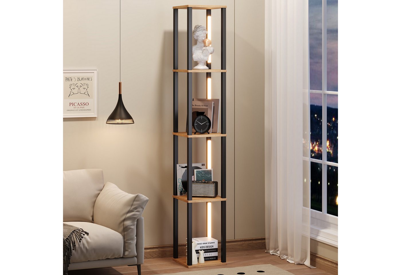 Flieks Bücherregal Standregal mit einstellbare LED-Beleuchtung, 4 Ebenen Eckregal, 1-tlg., Mehrzweckregal Lagerregal aus MDF, 4 Fächern, Naturholzfarbe&Schwarz Bild 5