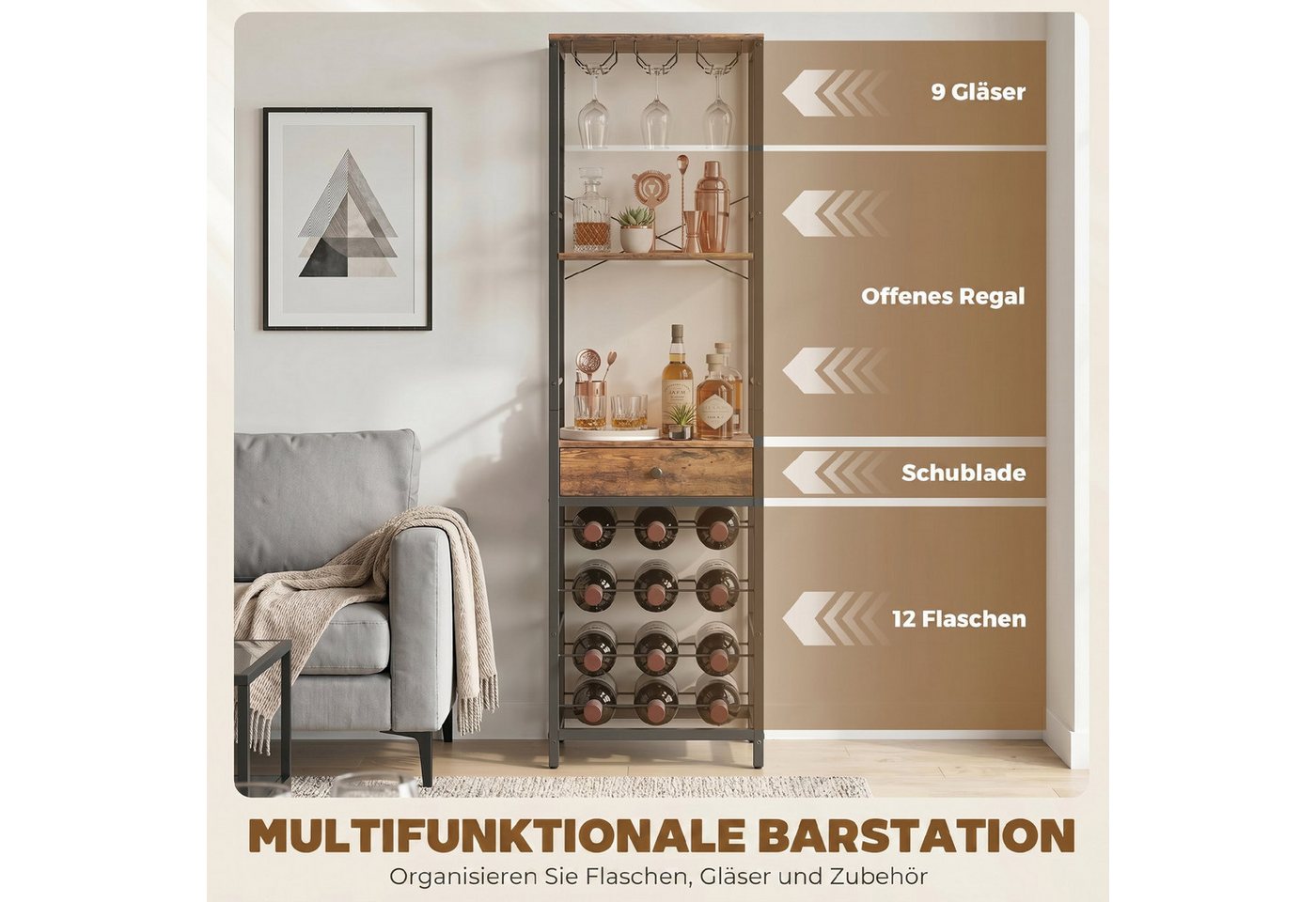 HOMCOM Weinregal, Weinhalter 1-tlg., Platz für 12 Flaschen, 9 Gläser, Schublade, Regal, Bar Bild 2