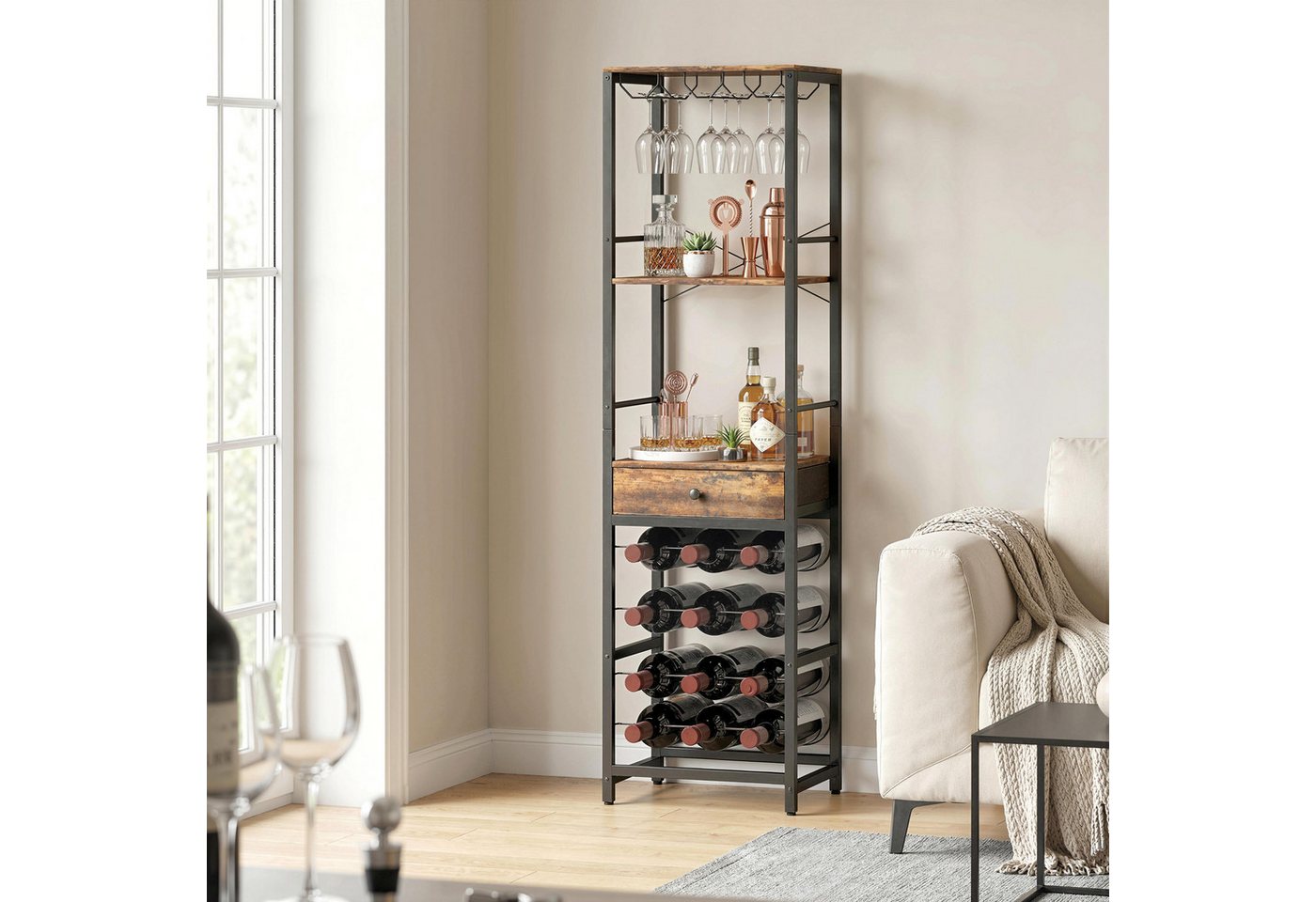 HOMCOM Weinregal, Weinhalter 1-tlg., Platz für 12 Flaschen, 9 Gläser, Schublade, Regal, Bar Bild 4