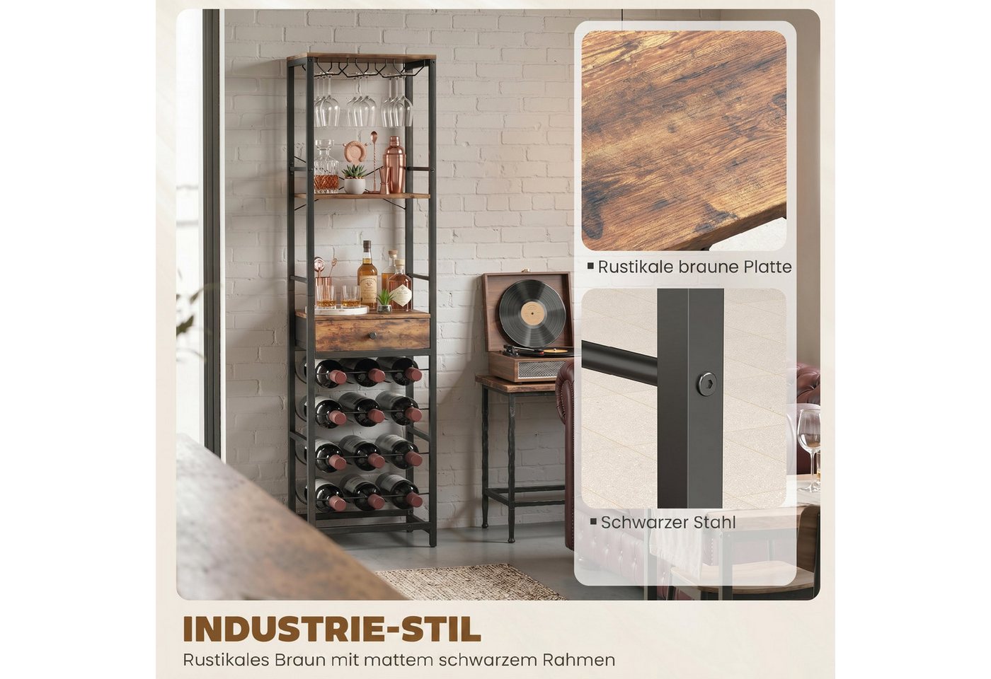 HOMCOM Weinregal, Weinhalter 1-tlg., Platz für 12 Flaschen, 9 Gläser, Schublade, Regal, Bar Bild 5
