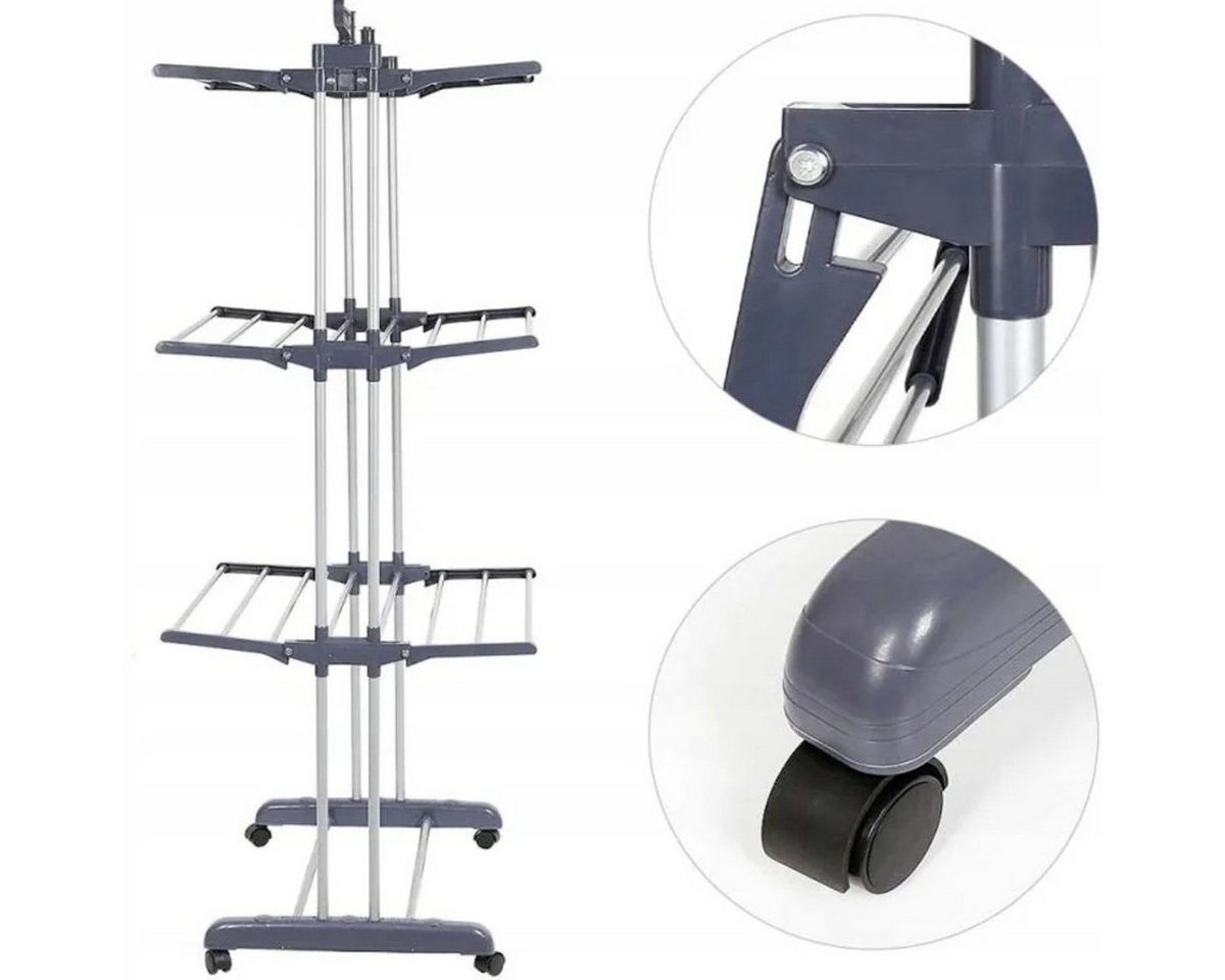 R2 Invest Turmwäscheständer XXL Wäscheständer Turmwäscheständer klappbar mit Rollen 172 cm Grau Bild 3