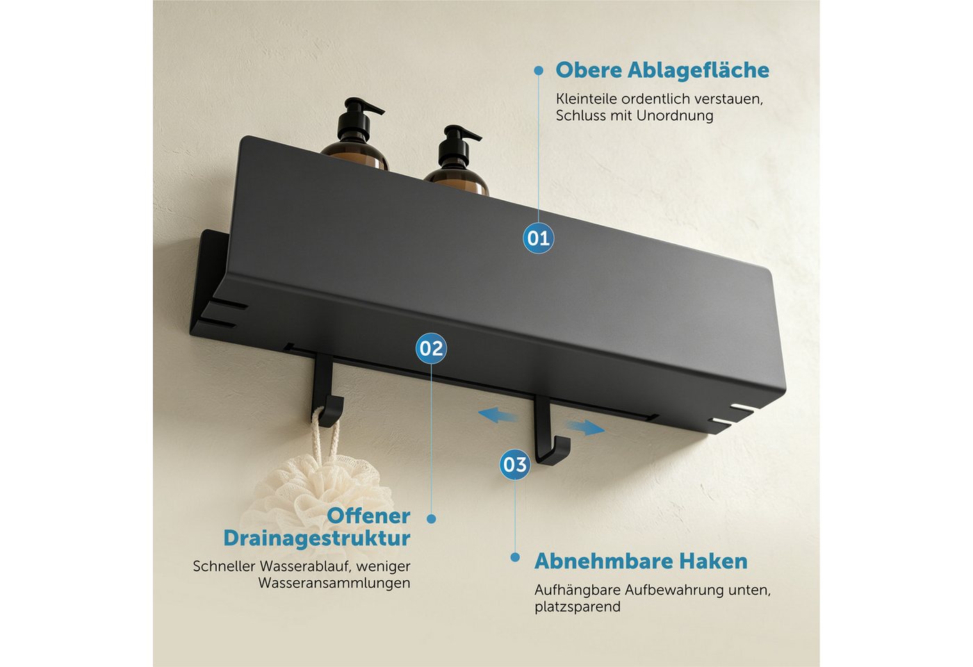doporro Duschablage Duschregal Wandregal 40cm mit 2 Haken aus Carbonstahl Reglo-18, Offene Drainagestruktur,erhöhter Schutzrand,2 abnehmbare Haken