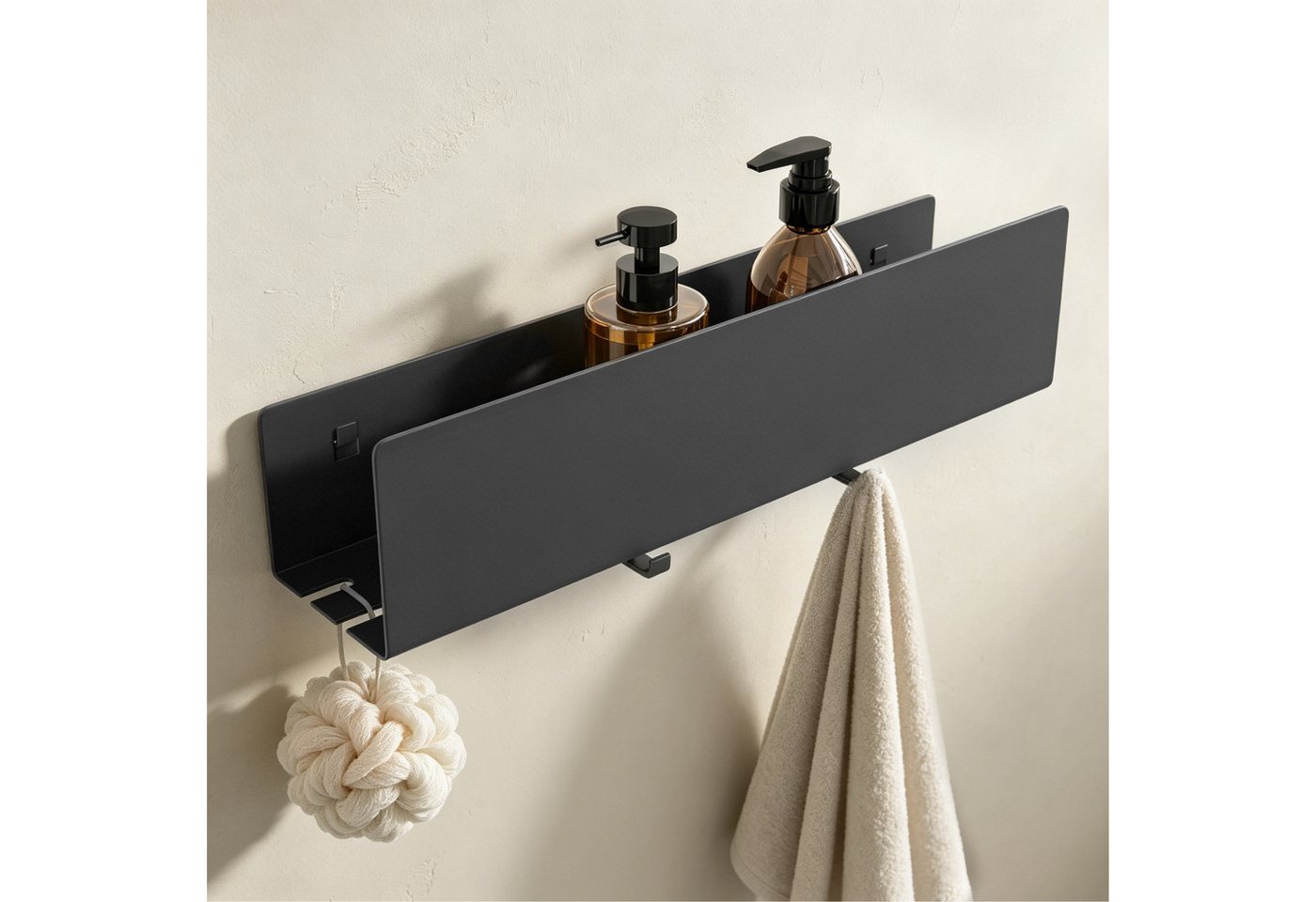 doporro Duschablage Duschregal Wandregal 40cm mit 2 Haken aus Carbonstahl Reglo-18, Offene Drainagestruktur,erhöhter Schutzrand,2 abnehmbare Haken Bild 3