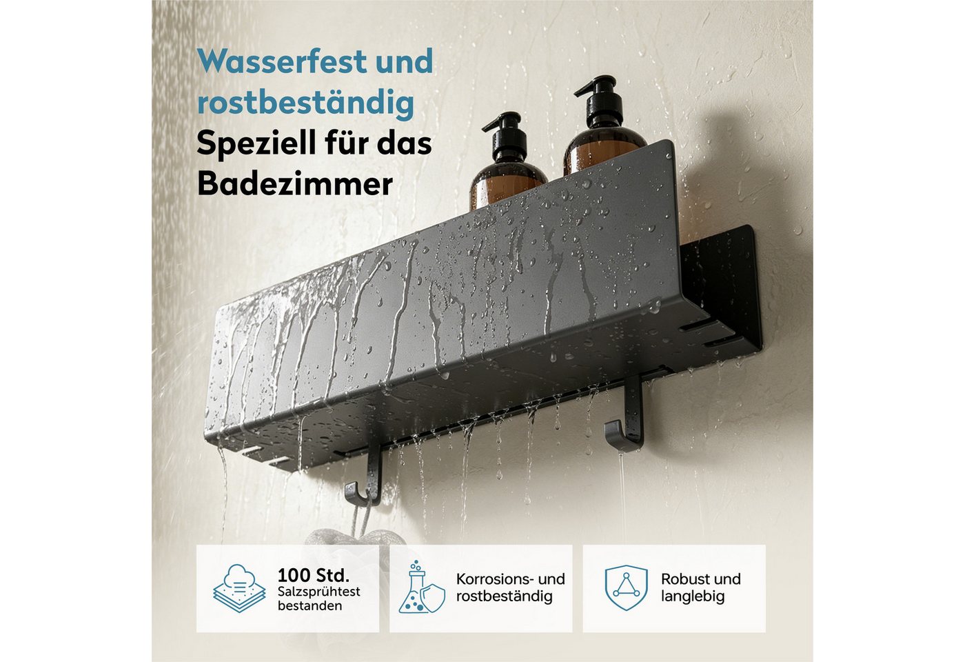 doporro Duschablage Duschregal Wandregal 40cm mit 2 Haken aus Carbonstahl Reglo-18, Offene Drainagestruktur,erhöhter Schutzrand,2 abnehmbare Haken Bild 5
