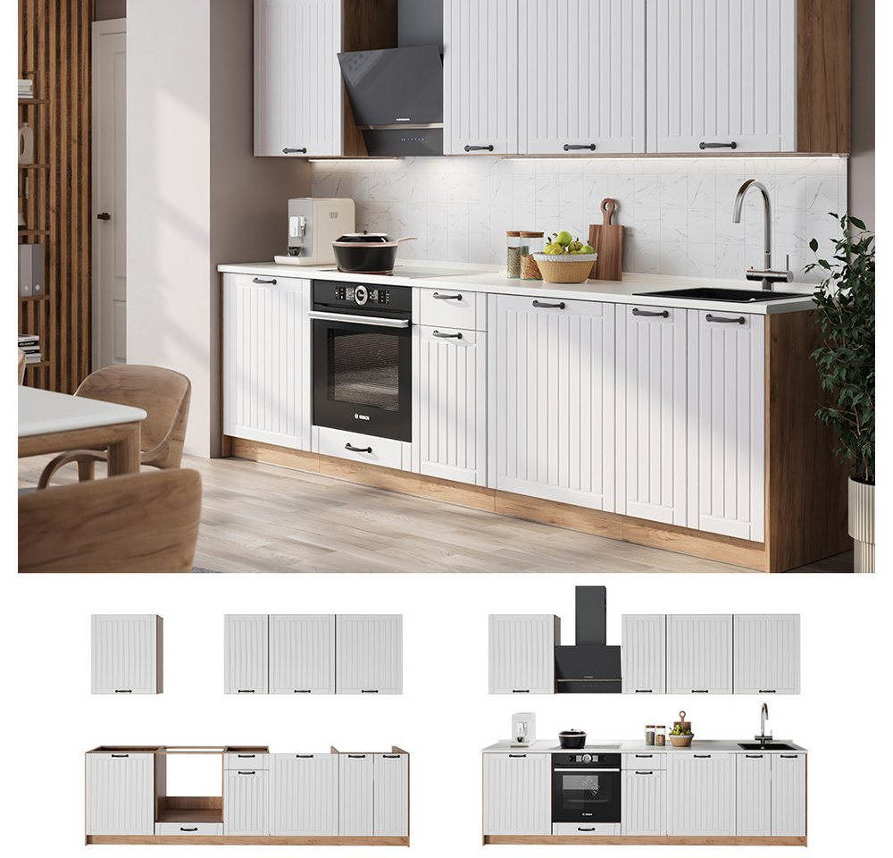 Vicco Küchenzeile Fame-Line, Weiß Landhaus/Goldkraft Eiche, 280 cm ohne Arbeitsplatte