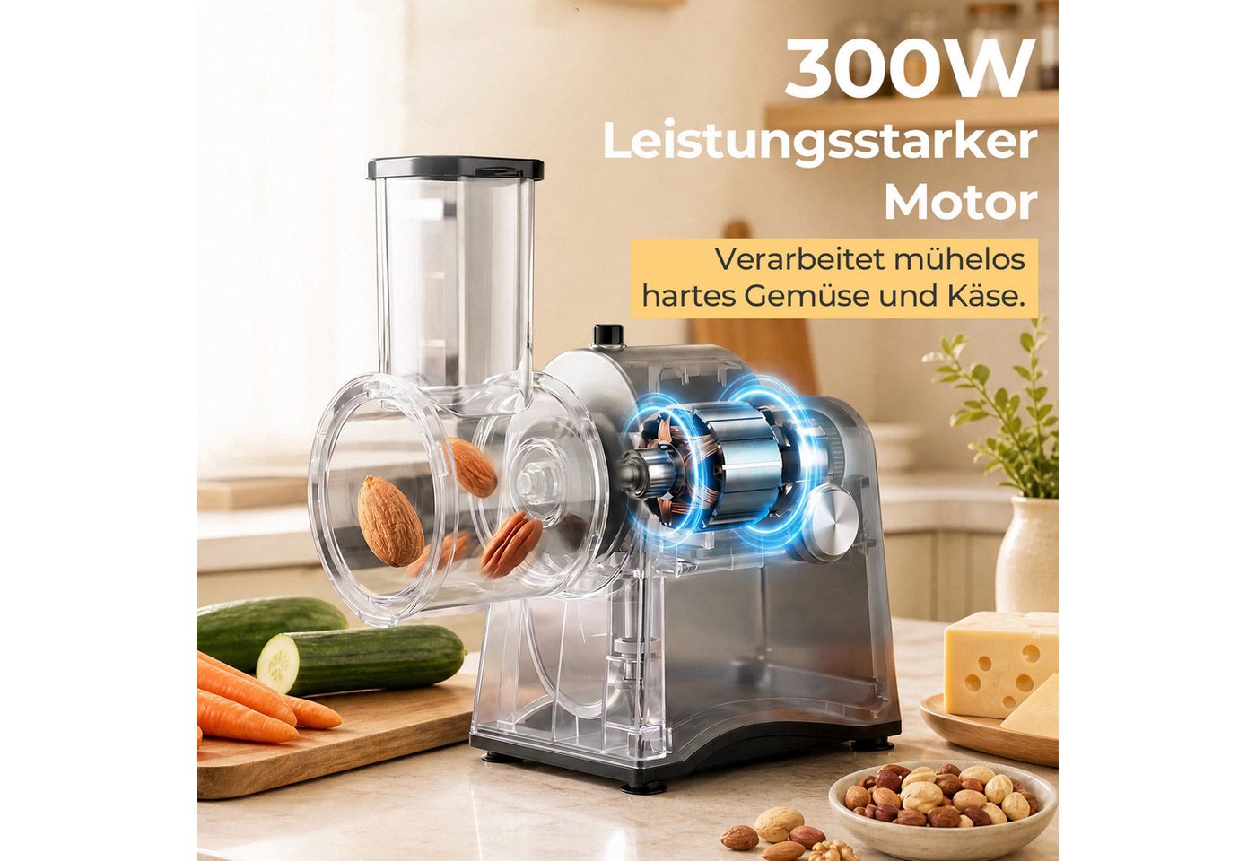 FOHERE Gemüsehobel Gemüseschneider Elektrischer Gemüsehobel, 6 Edelstahlklingen, (1-St), geeignet für Käsestücke, Obst und Gemüse, ein-Knopf-Bedienung Bild 2