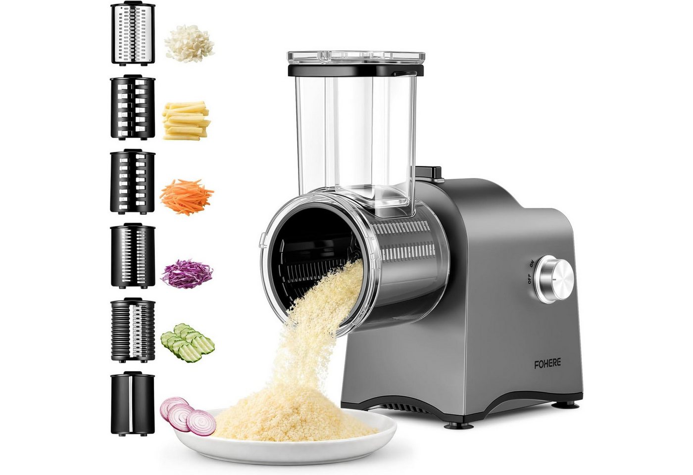FOHERE Gemüsehobel Gemüseschneider Elektrischer Gemüsehobel, 6 Edelstahlklingen, (1-St), geeignet für Käsestücke, Obst und Gemüse, ein-Knopf-Bedienung Bild 3