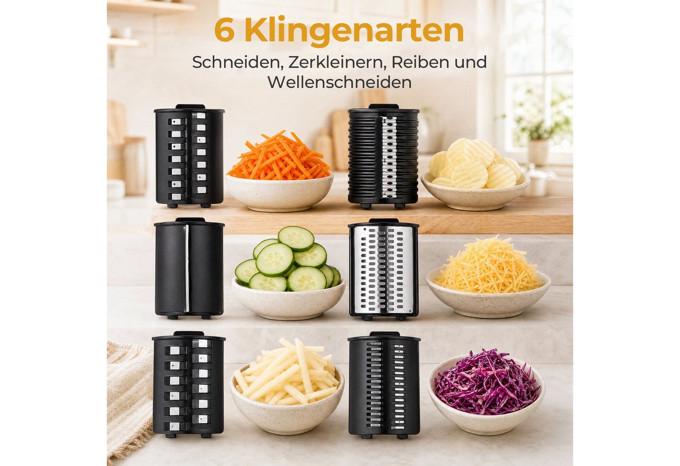 FOHERE Gemüsehobel Gemüseschneider Elektrischer Gemüsehobel, 6 Edelstahlklingen, (1-St), geeignet für Käsestücke, Obst und Gemüse, ein-Knopf-Bedienung Bild 5