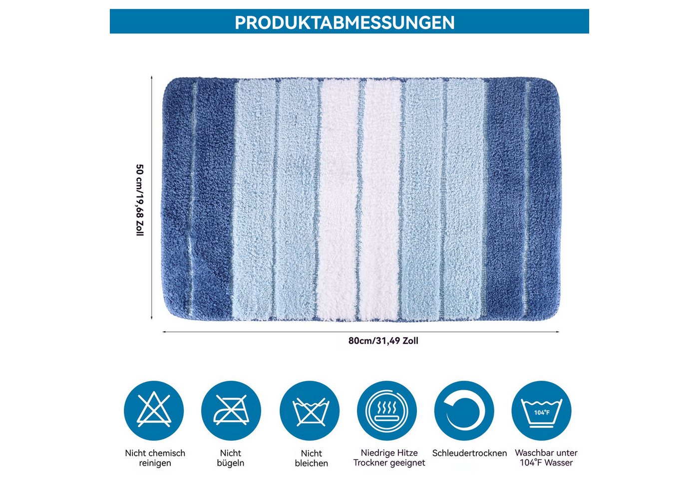 BlingBin Badematte Gestreifter Mikrofaser-Badezimmerteppich,50×80 cm, Rutschfeste Unterseite, Flauschig, Polyester, Rechteckig, Saugfähig, Schnell trocknend, TPR, Rutschfest,Waschbar Bild 3