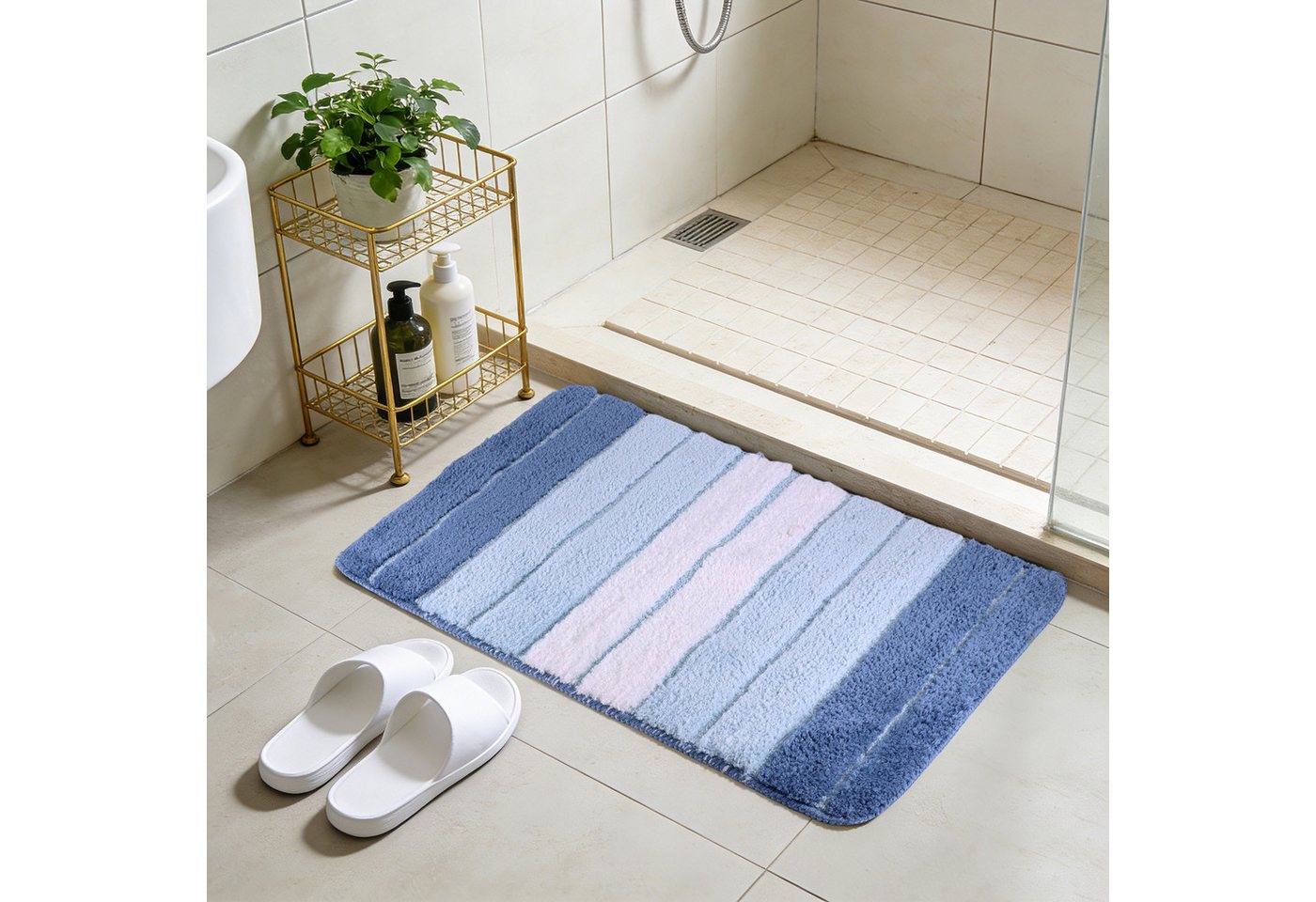 BlingBin Badematte Gestreifter Mikrofaser-Badezimmerteppich,50×80 cm, Rutschfeste Unterseite, Flauschig, Polyester, Rechteckig, Saugfähig, Schnell trocknend, TPR, Rutschfest,Waschbar Bild 4