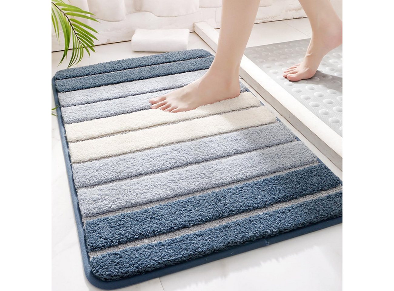 BlingBin Badematte Gestreifter Mikrofaser-Badezimmerteppich,50×80 cm, Rutschfeste Unterseite, Flauschig, Polyester, Rechteckig, Saugfähig, Schnell trocknend, TPR, Rutschfest,Waschbar Bild 5