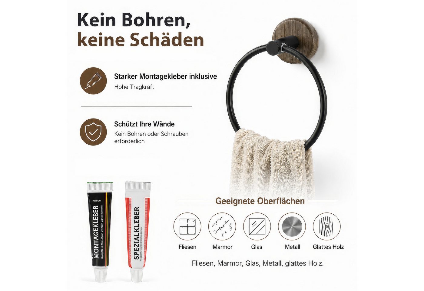 BlingBin Handtuchring Handtuchring ohne Bohren, Wand-Handtuchhalter mit Klebemontage, Wandmontage Bad & Küche Handtuchhalter mit Starkem Klebstoff Bild 2