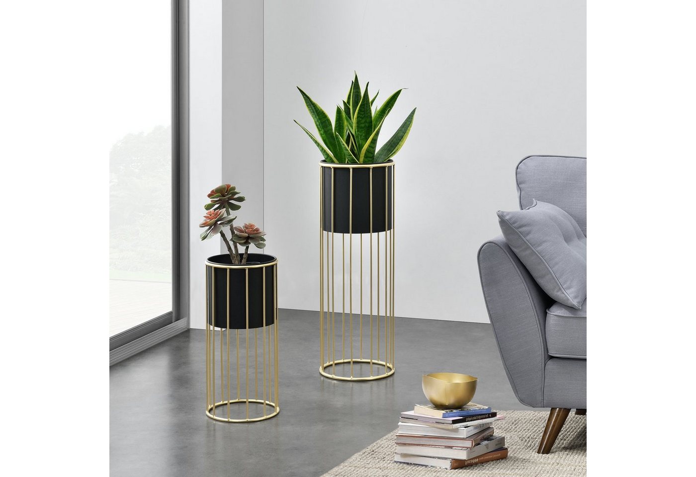 en.casa Blumenständer (Set, 2er), »Mortsel« Pflanzenständer 2er Set Metall Schwarz/Goldfarben
