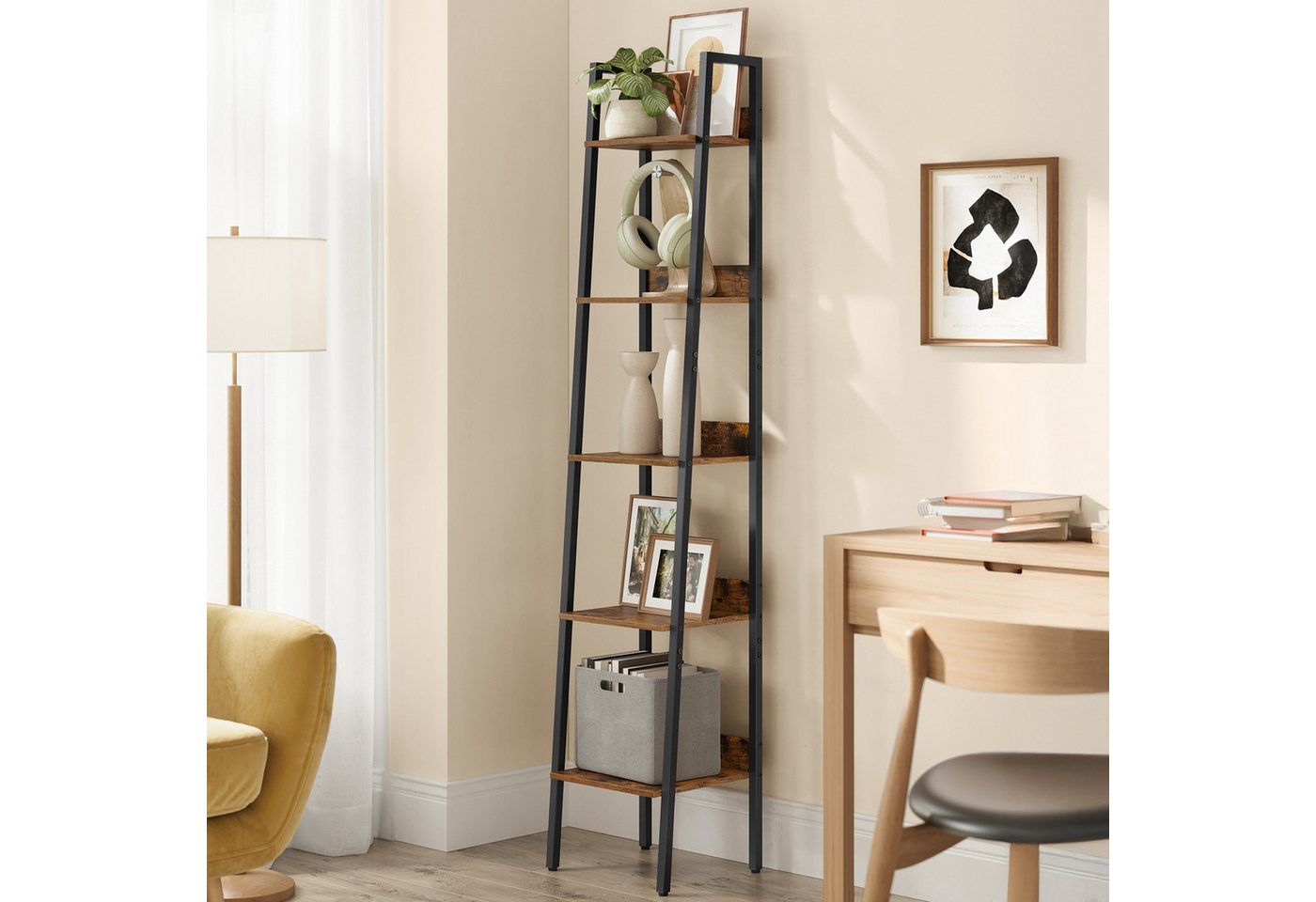 VASAGLE Standregal Bücherregal, Leiterregal mit 5 Ebenen, schmales freistehendes, Regal für Arbeitszimmer, Wohnzimmer, Industrie-Design, 33,8x170x30 cm Bild 2