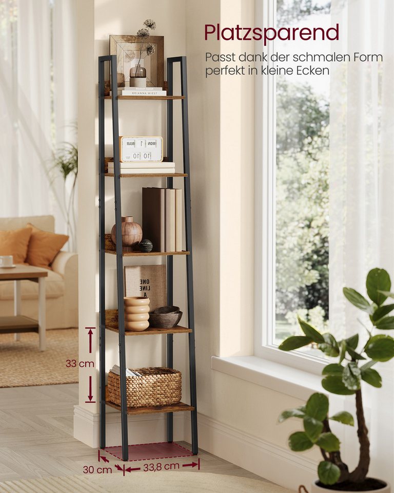 VASAGLE Standregal Bücherregal, Leiterregal mit 5 Ebenen, schmales freistehendes, Regal für Arbeitszimmer, Wohnzimmer, Industrie-Design, 33,8x170x30 cm Bild 4