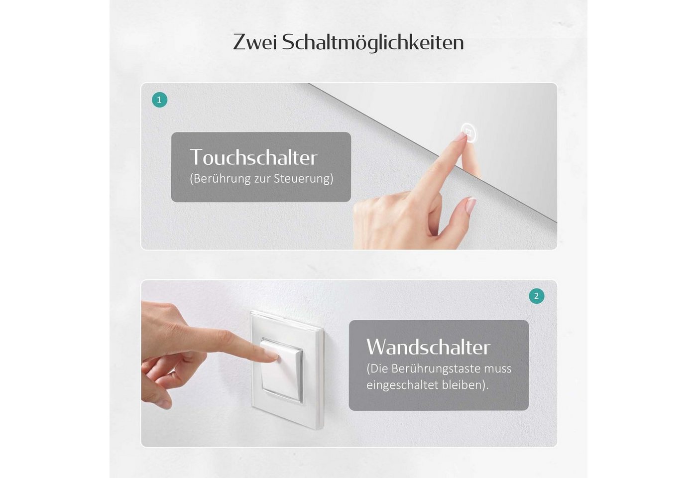 EMKE Badspiegel Badezimmerspiegel LED Badspiegel mit beleuchtung Wandspiegel (Vertikal und Horizontal möglich, Touch-schalter), kaltweiß 6500K Beleuchtung IP44, ohne Stauraum