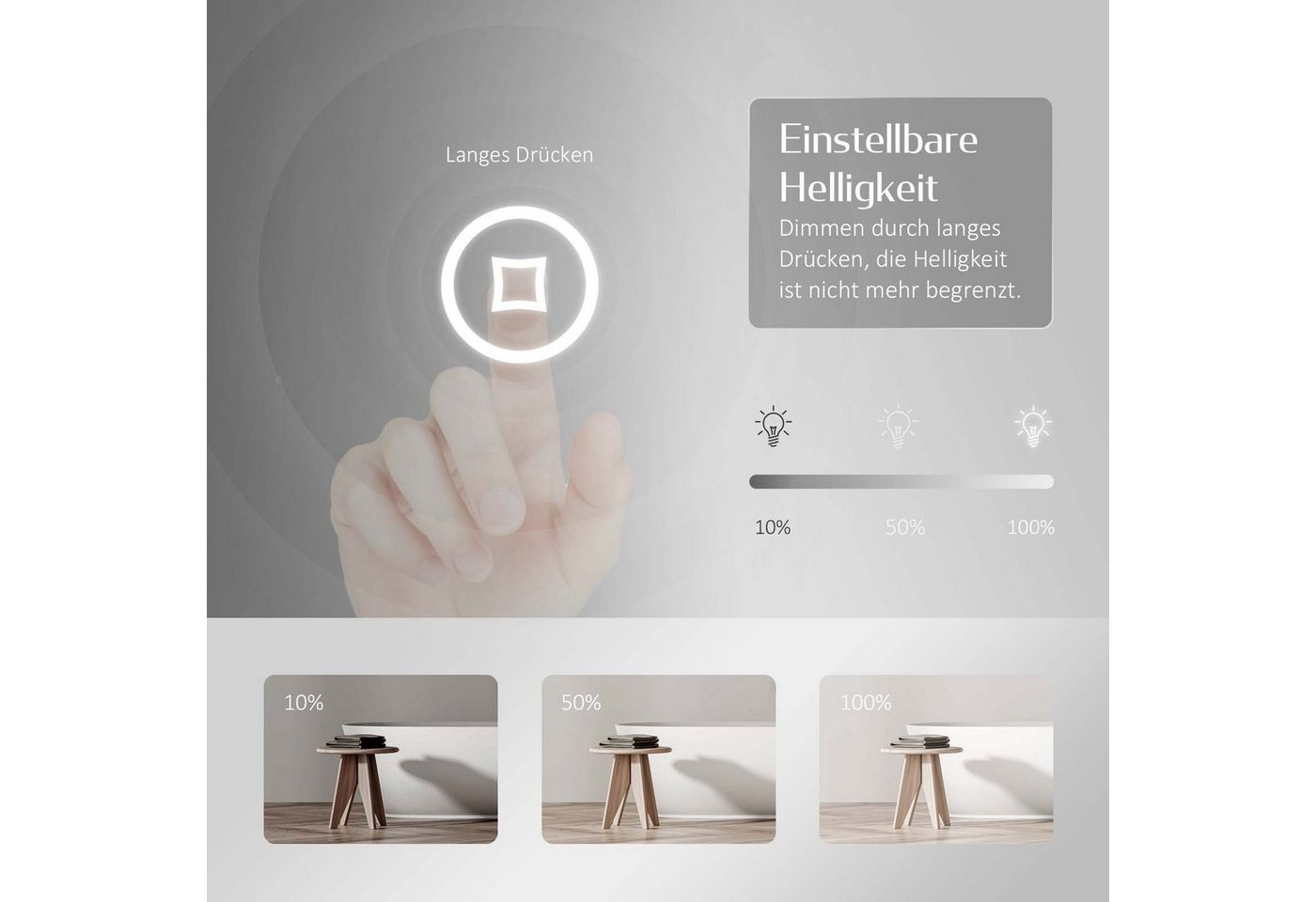 EMKE Badspiegel Badezimmerspiegel LED Badspiegel mit beleuchtung Wandspiegel (Vertikal und Horizontal möglich, Touch-schalter), kaltweiß 6500K Beleuchtung IP44, ohne Stauraum Bild 2