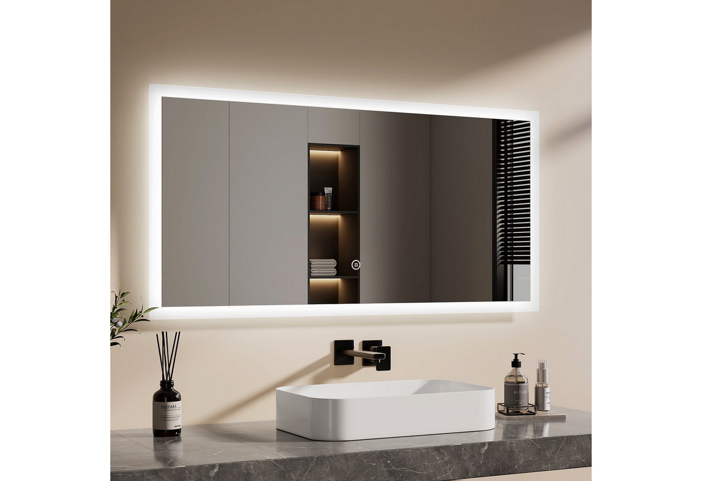 EMKE Badspiegel Badezimmerspiegel LED Badspiegel mit beleuchtung Wandspiegel (Vertikal und Horizontal möglich, Touch-schalter), kaltweiß 6500K Beleuchtung IP44, ohne Stauraum Bild 3