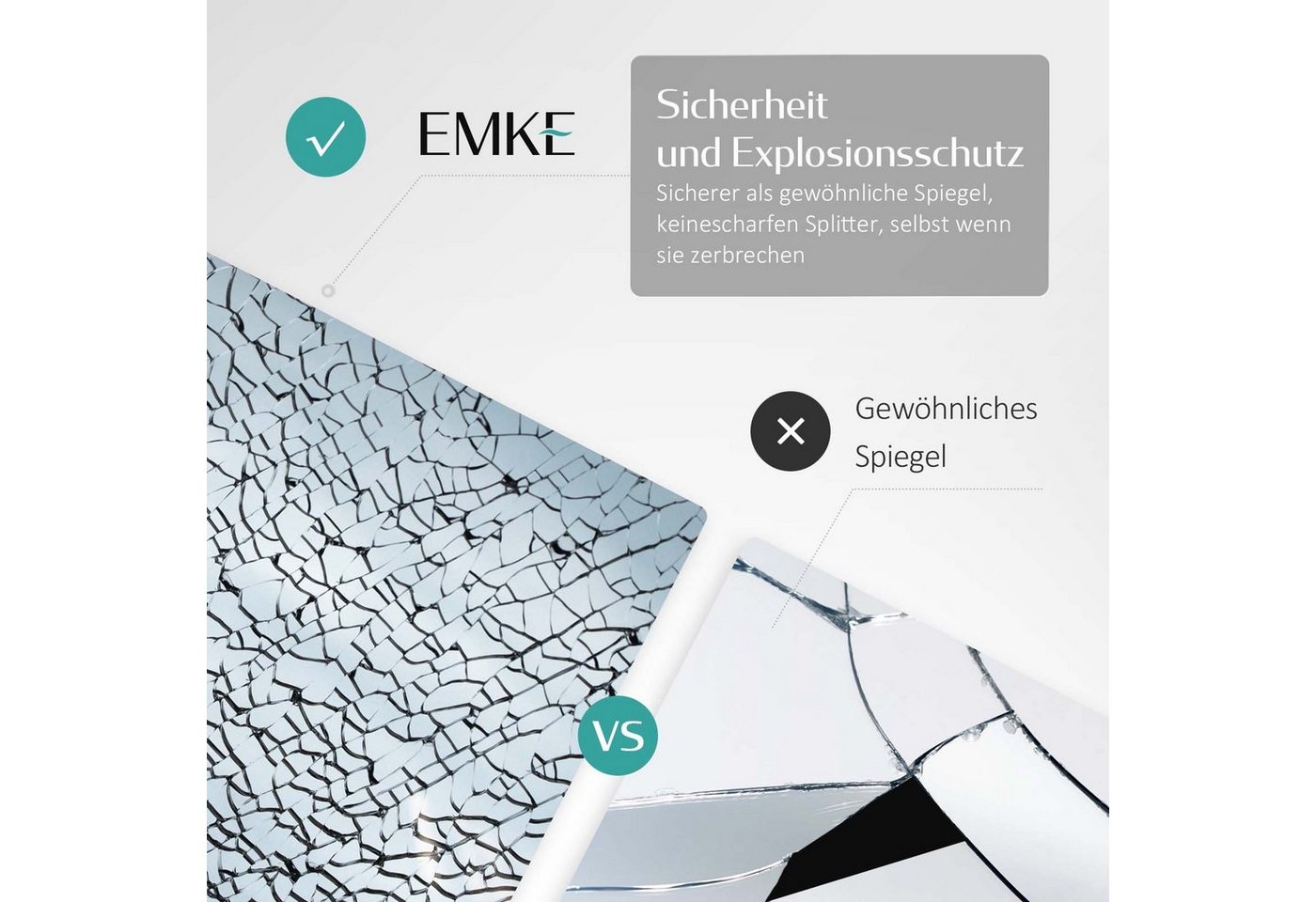EMKE Badspiegel Badezimmerspiegel LED Badspiegel mit beleuchtung Wandspiegel (Vertikal und Horizontal möglich, Touch-schalter), kaltweiß 6500K Beleuchtung IP44, ohne Stauraum Bild 4