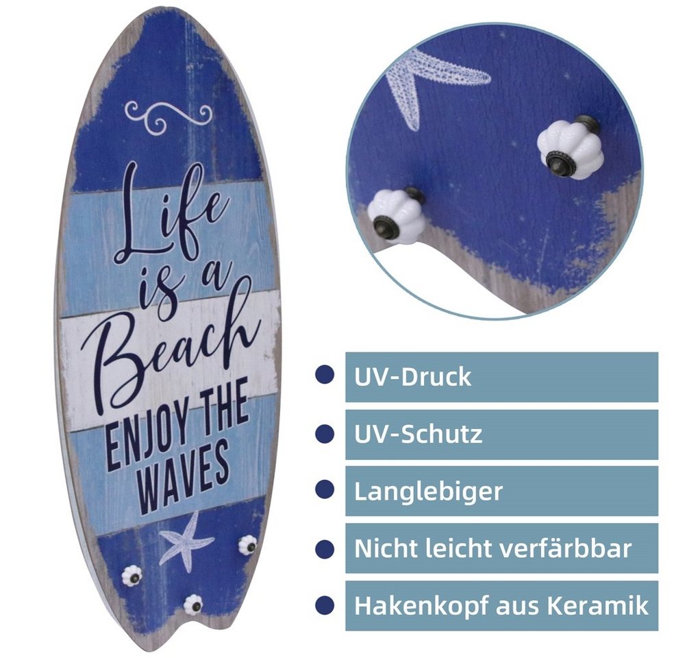 Mucola Garderobenpaneel Plankenschild mit Kleiderhaken Holzbild Surfbrett Wandbild Wandschild (Stück, Garderobe), Surfbrett Optik
