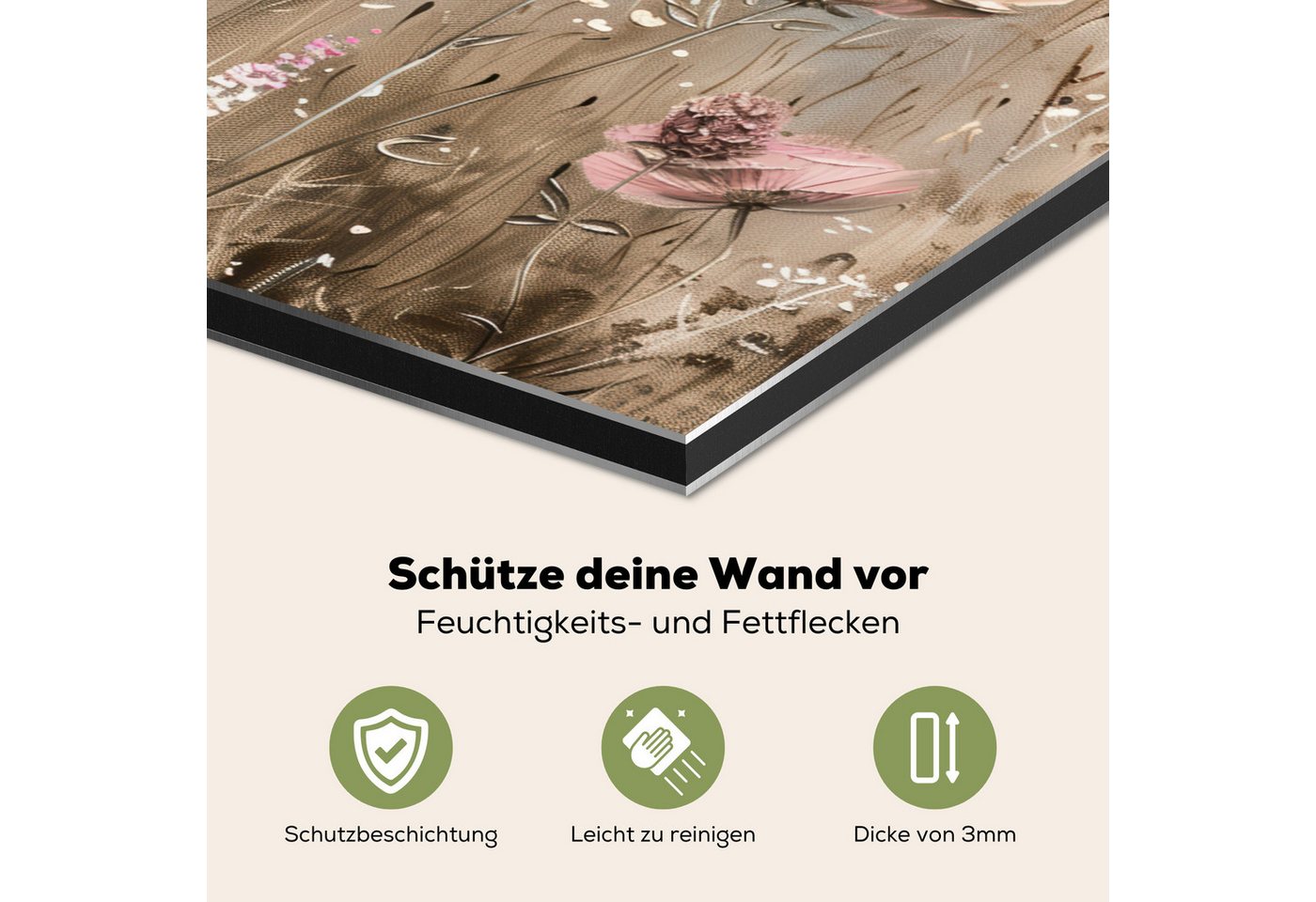 KitchenYeah Küchenrückwand Blumen - Rosa - Modern - Beige, (1-tlg), Spritzschutz Küche, Küchendeko, 60x40 cm Bild 2