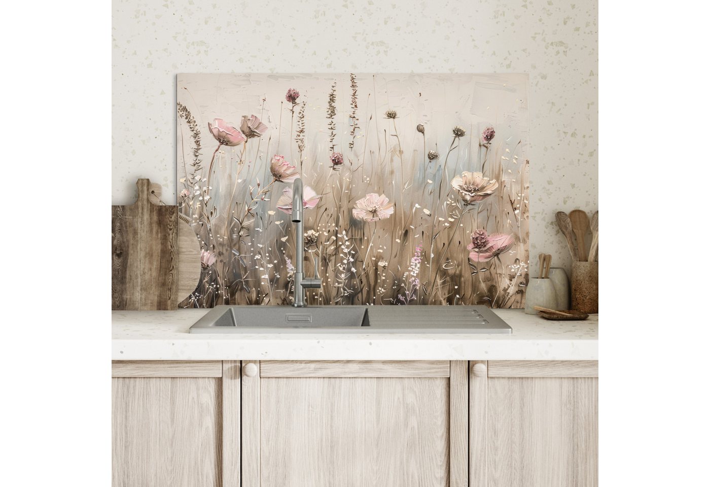 KitchenYeah Küchenrückwand Blumen - Rosa - Modern - Beige, (1-tlg), Spritzschutz Küche, Küchendeko, 60x40 cm Bild 4