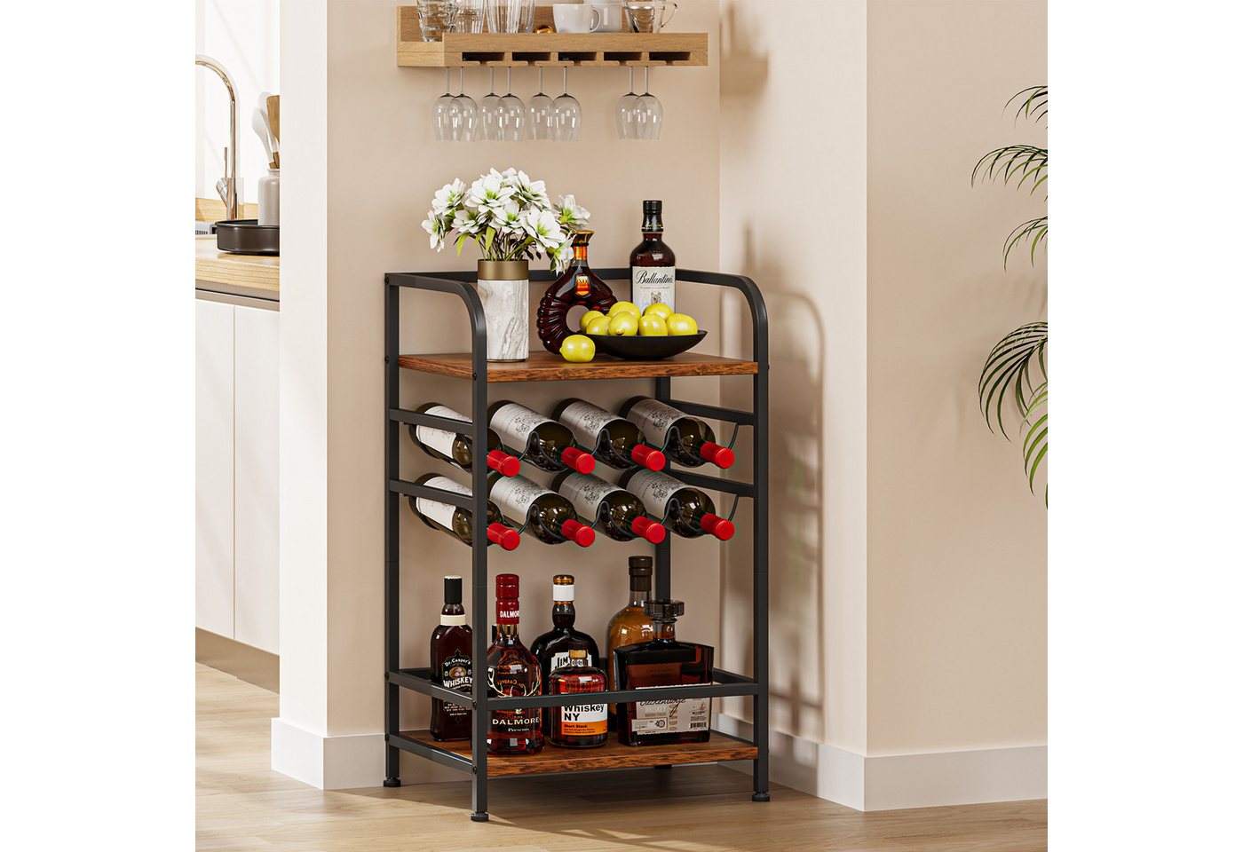 OUNUO Weinregal freistehend Flaschenregal 4 Etagen für 8 Flaschen 43 x 30 x 75 cm Bild 5