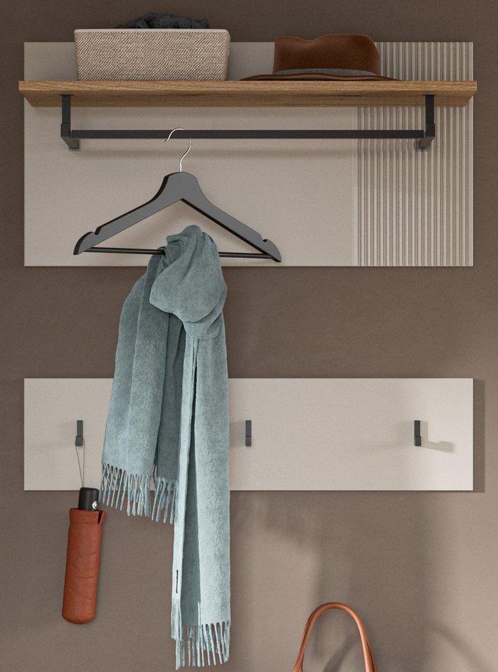 Inn.Furn Garderobenpaneel Skid (Wandgarderobe in Kaschmir Sand mit Eiche, Set 2-teilig, 80 x60 cm), mit Kleiderstange und Fräsungen