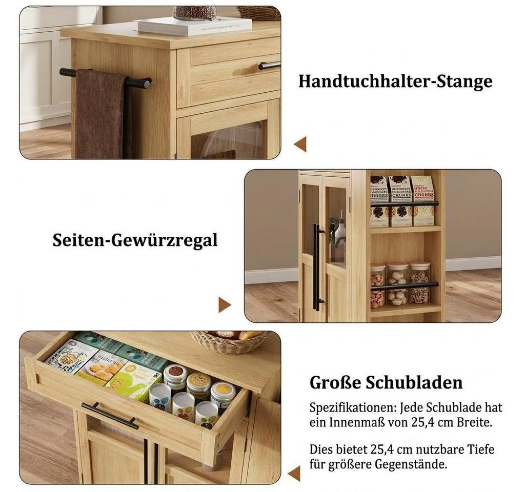 GarveeMore Kücheninsel mit Klappplatte Küchenschrank Küchenwagen mit Rollen