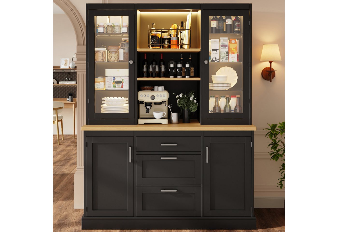 Flieks Küchenbuffet mit LED-Beleuchtung, verstellbarer Glaseinlegeböden und Arbeitsplatte (1-St., B140/T40/H185 cm) Hochschrank Küchenschrank Glasvitrine in Landhausstil Schwarz
