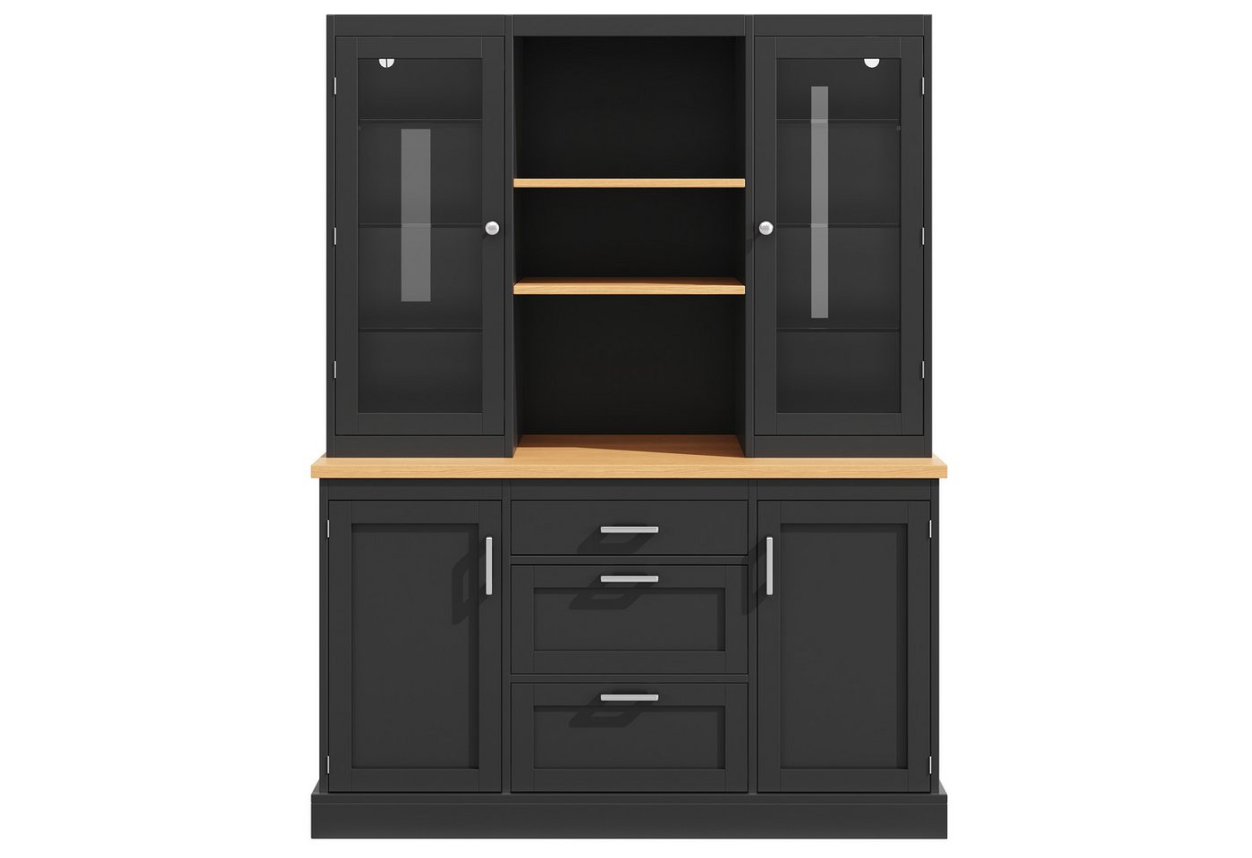Flieks Küchenbuffet mit LED-Beleuchtung, verstellbarer Glaseinlegeböden und Arbeitsplatte (1-St., B140/T40/H185 cm) Hochschrank Küchenschrank Glasvitrine in Landhausstil Schwarz Bild 2
